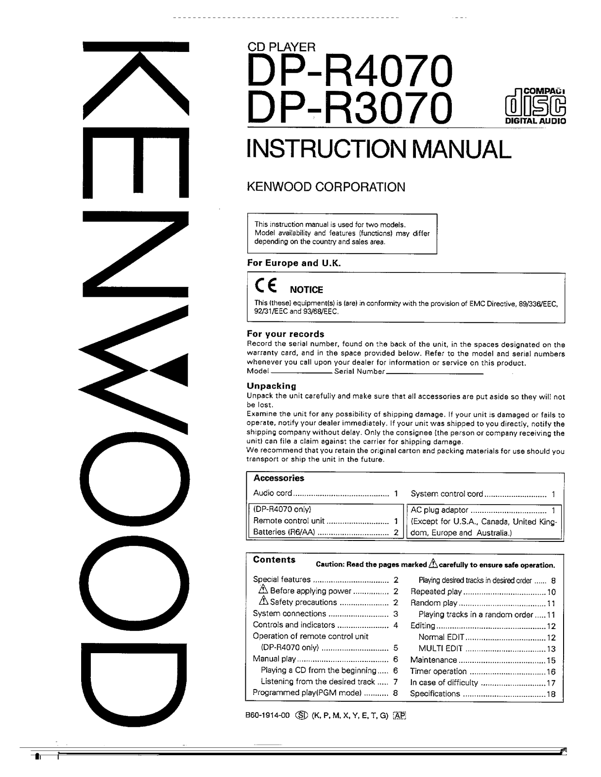 Kenwood DP-R4070, DP-R3070 Owner's Manual