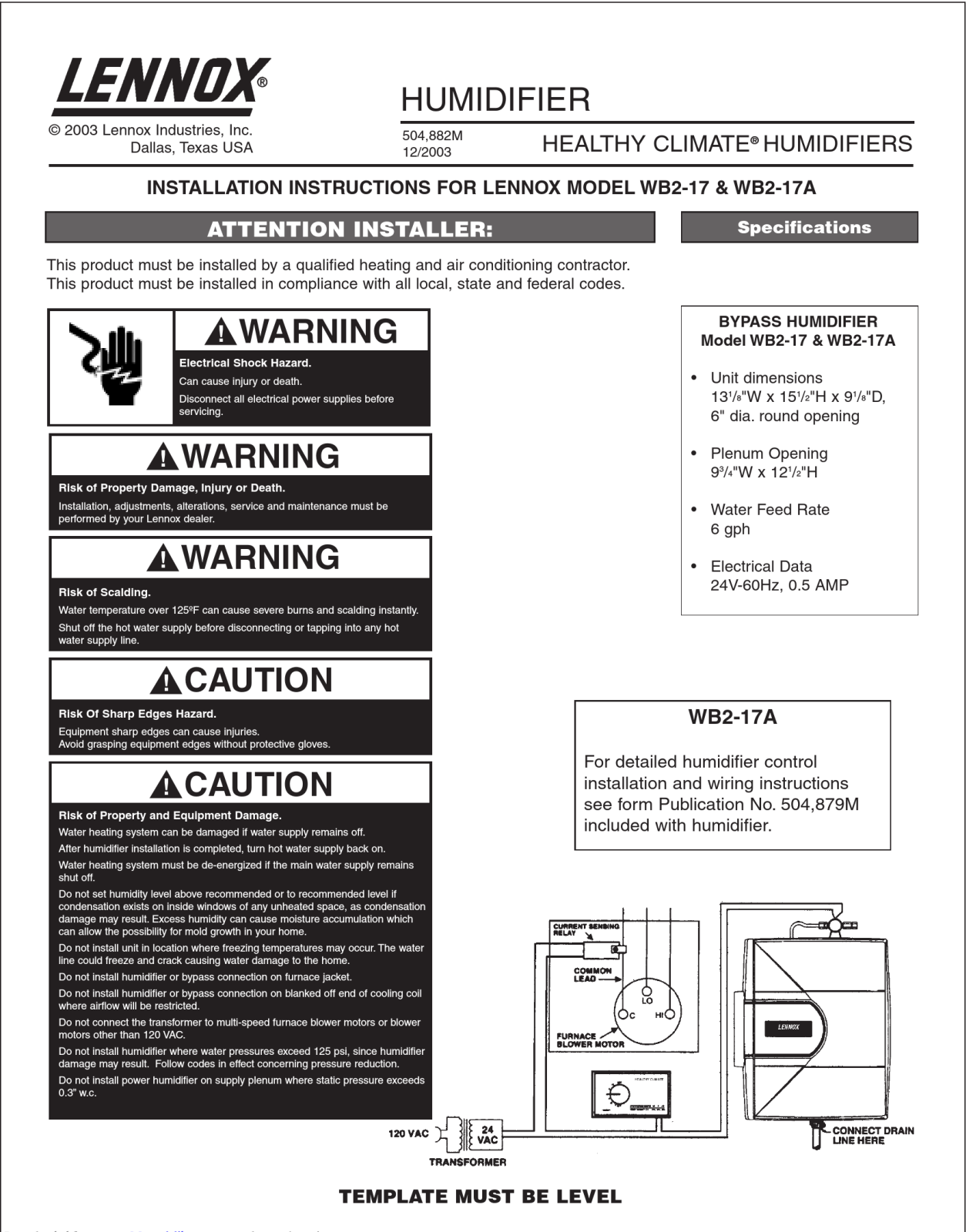 Lennox WB2-17, WB2-17A Installation Instructions