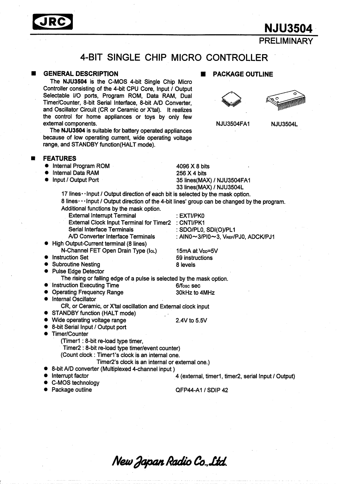 JRC NJU3504FA1, NJU3504L Datasheet