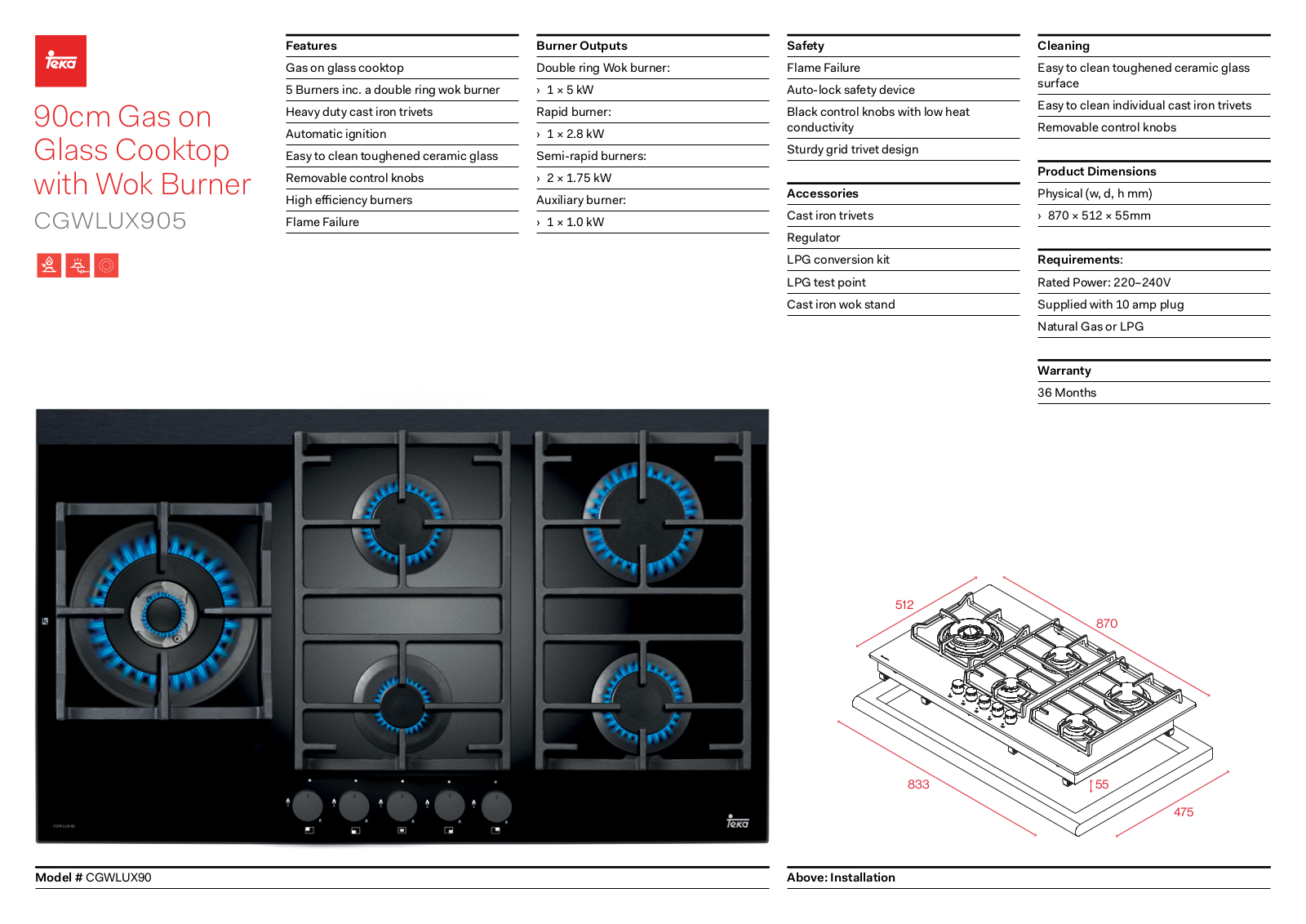 Teka CGWLUX905 Specifications Sheet