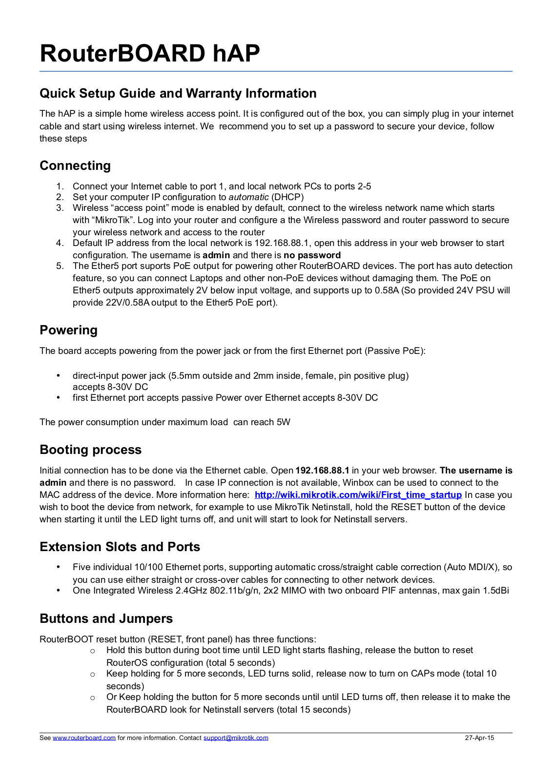 Mikrotik RouterBOARD hAP User manual