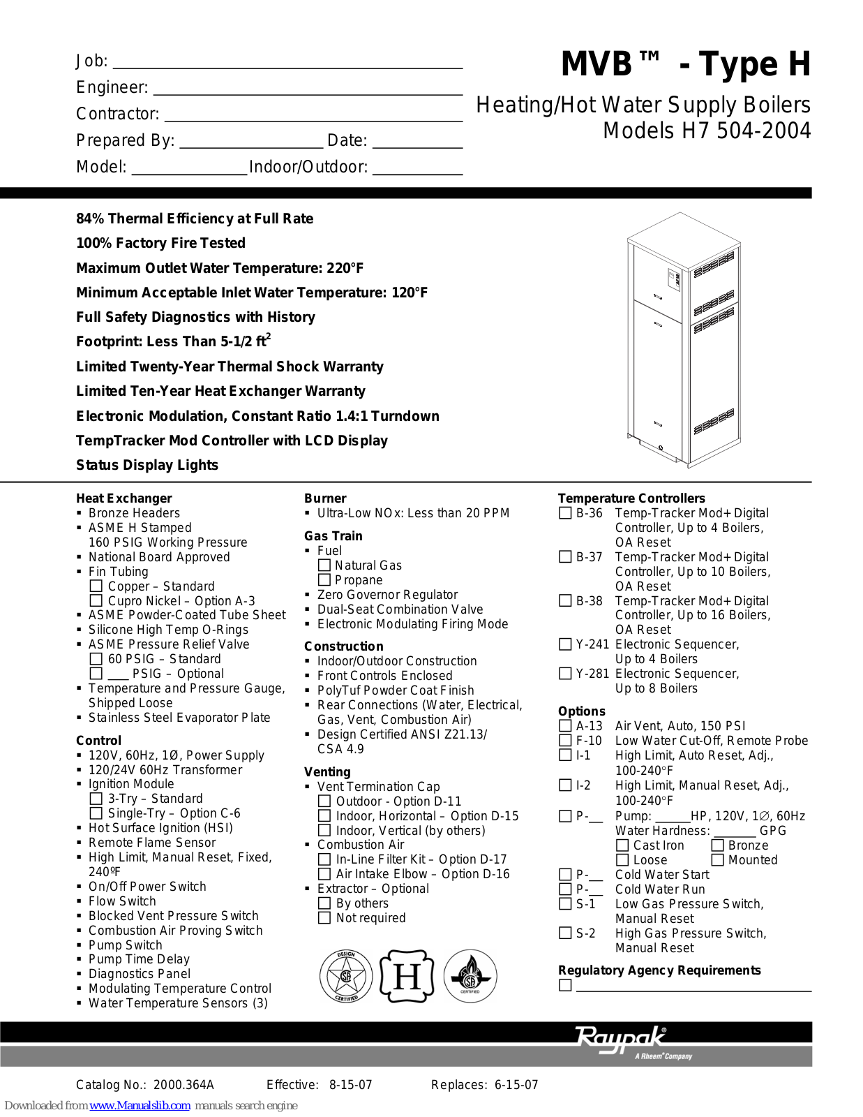 Raypak H7-504, H7-754, H7-1104, H7-1504, H7-2004 Specifications