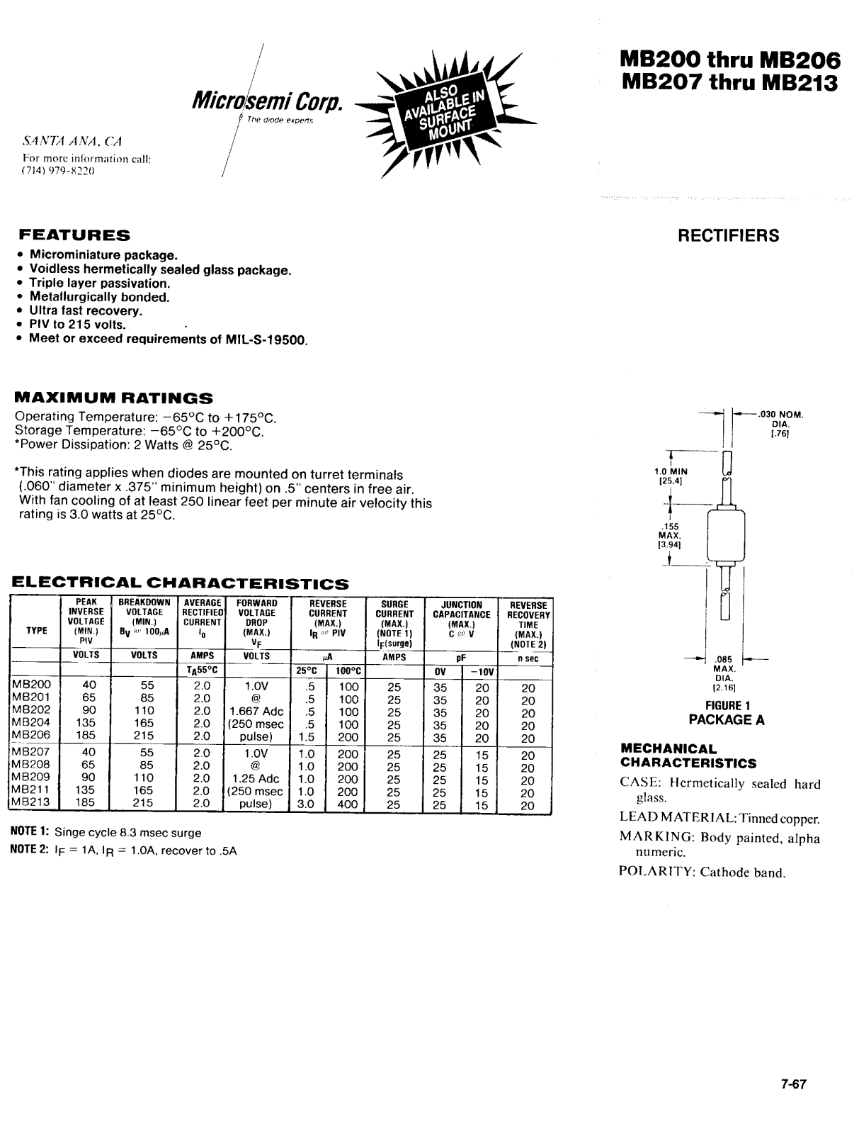 Microsemi Corporation MB206, MB208, MB209, MB211, MB213 Datasheet