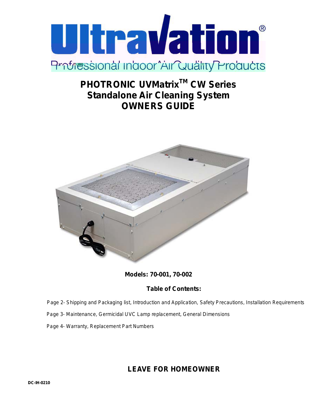 Ultravation 70-001, 70-002 Owner's Manual