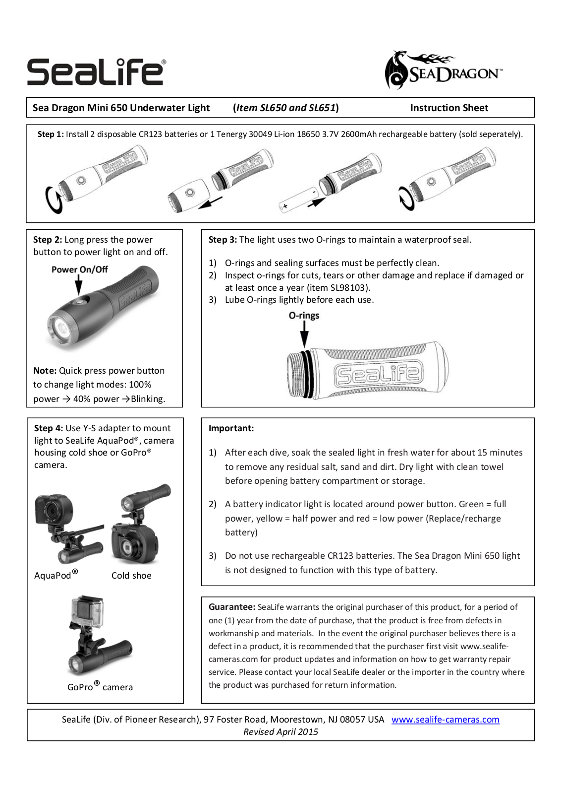 Sealife SL650, SL651 User Manual