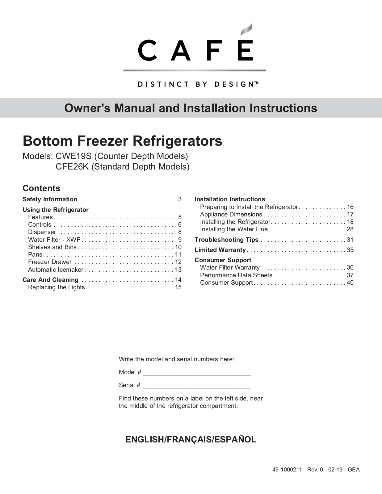 GE CWE19SP3NBD1, CFE26KP2NKS1, CFE26KP2NBS1, CWE19SP2NBS1 Owner’s Manual