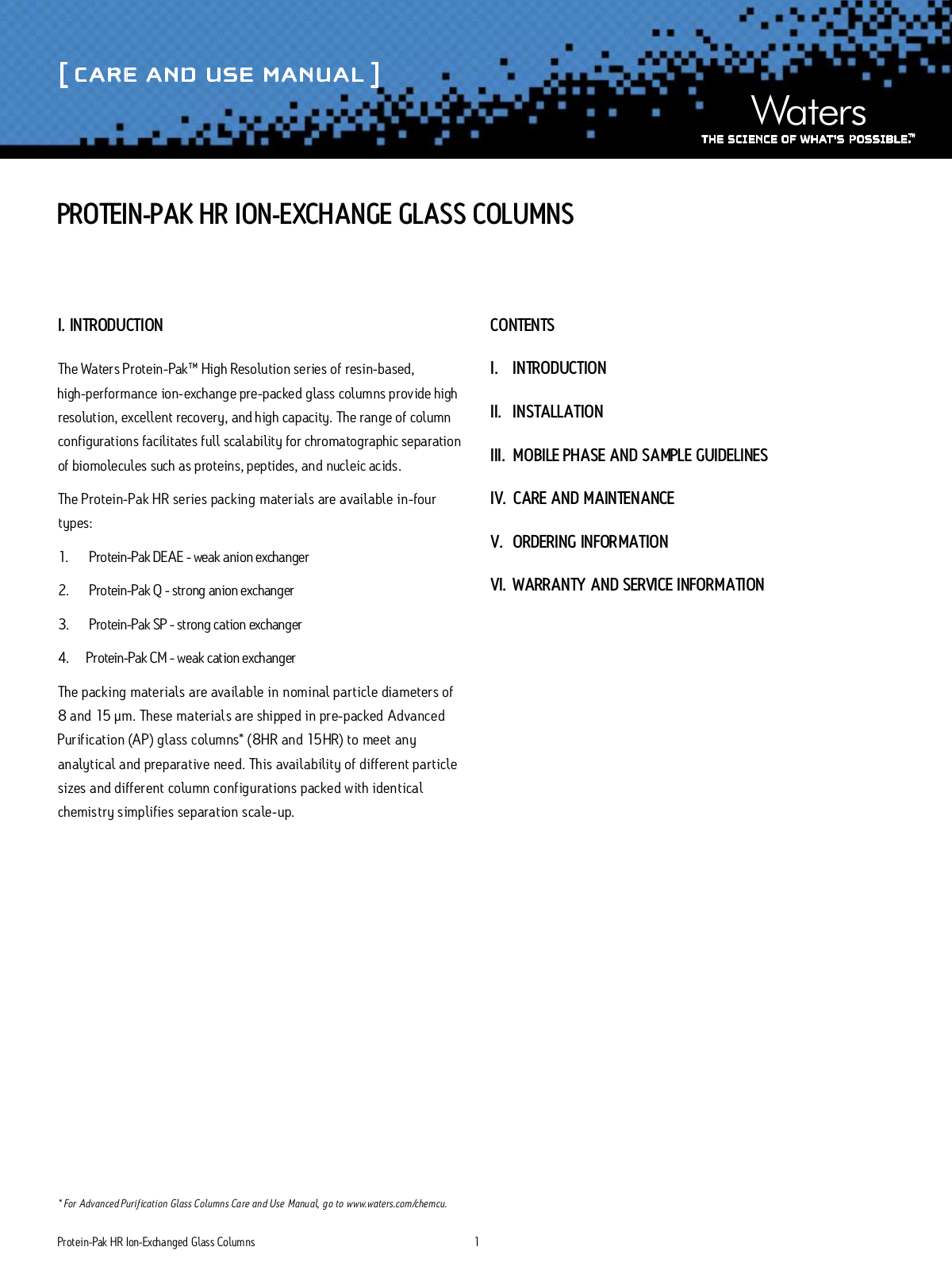 Waters Protein-Pak HR Ion-Exchange Glass Columns User Manual