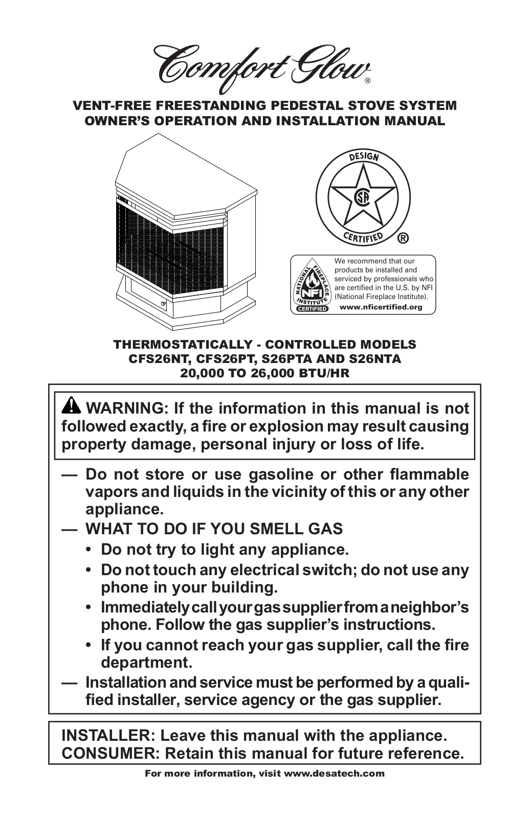 Comfort Glow CFS26NT, CFS26PT, S26PTA, S26NTA Owner's Operation And Installation Manual