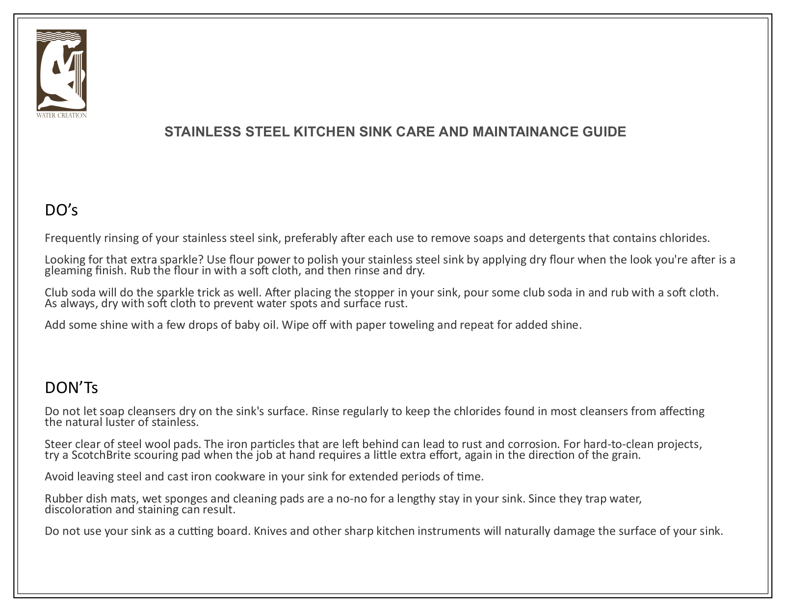 Water Creation SSU3321A, SSU3118A, SSU3320A, SSU3319A, SSU1520A Instruction Manual