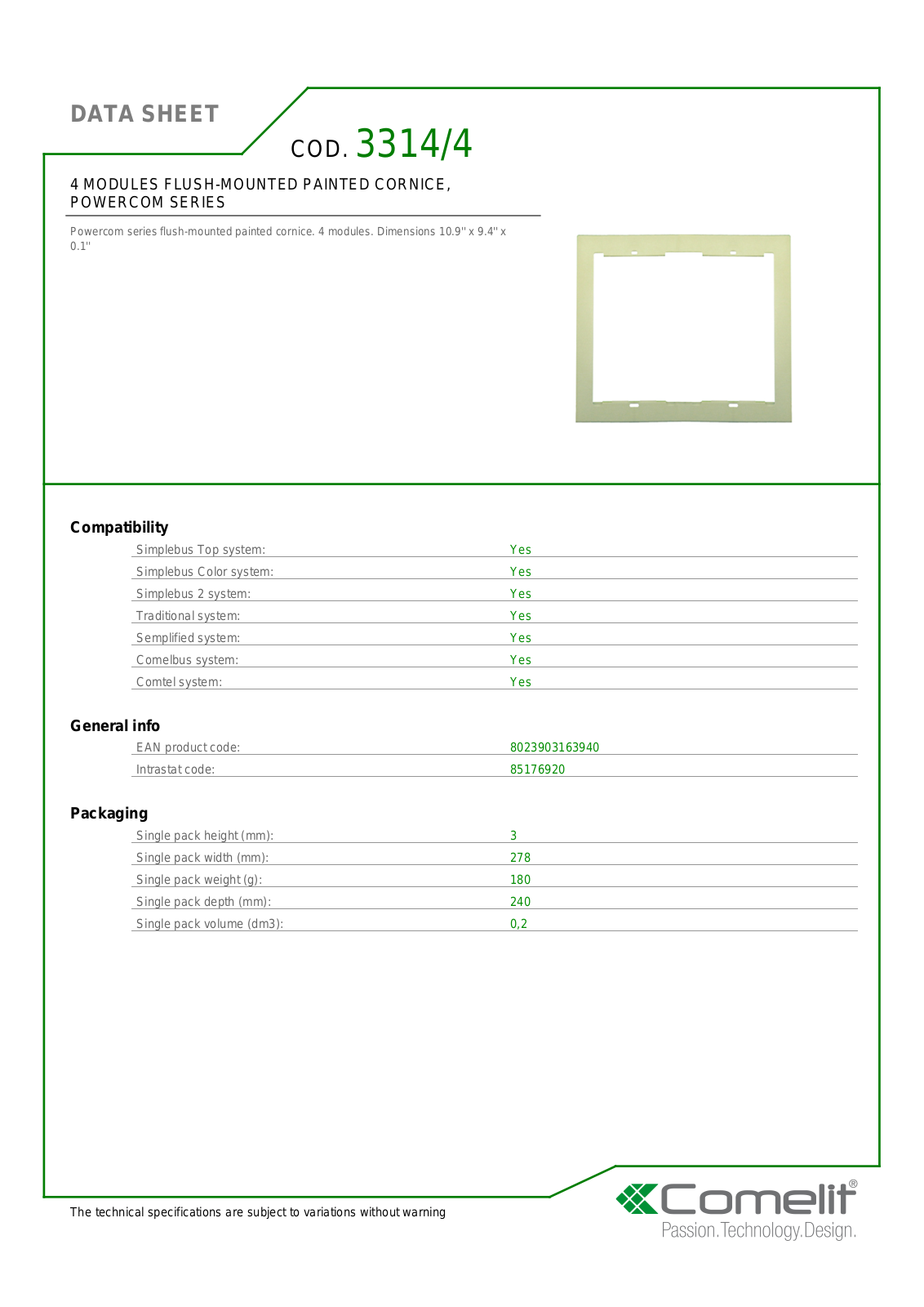 Comelit 3314-4 Specsheet