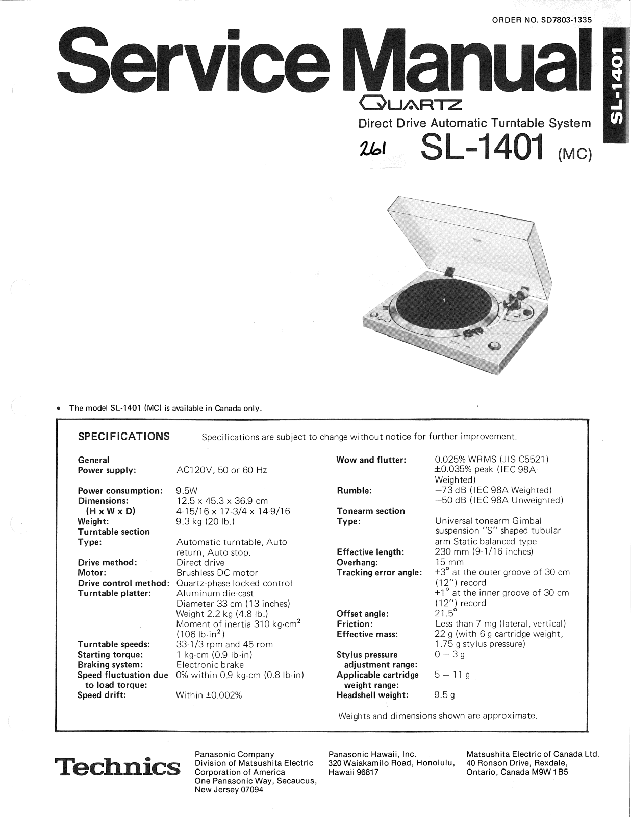 Technics SL-1401 Service manual