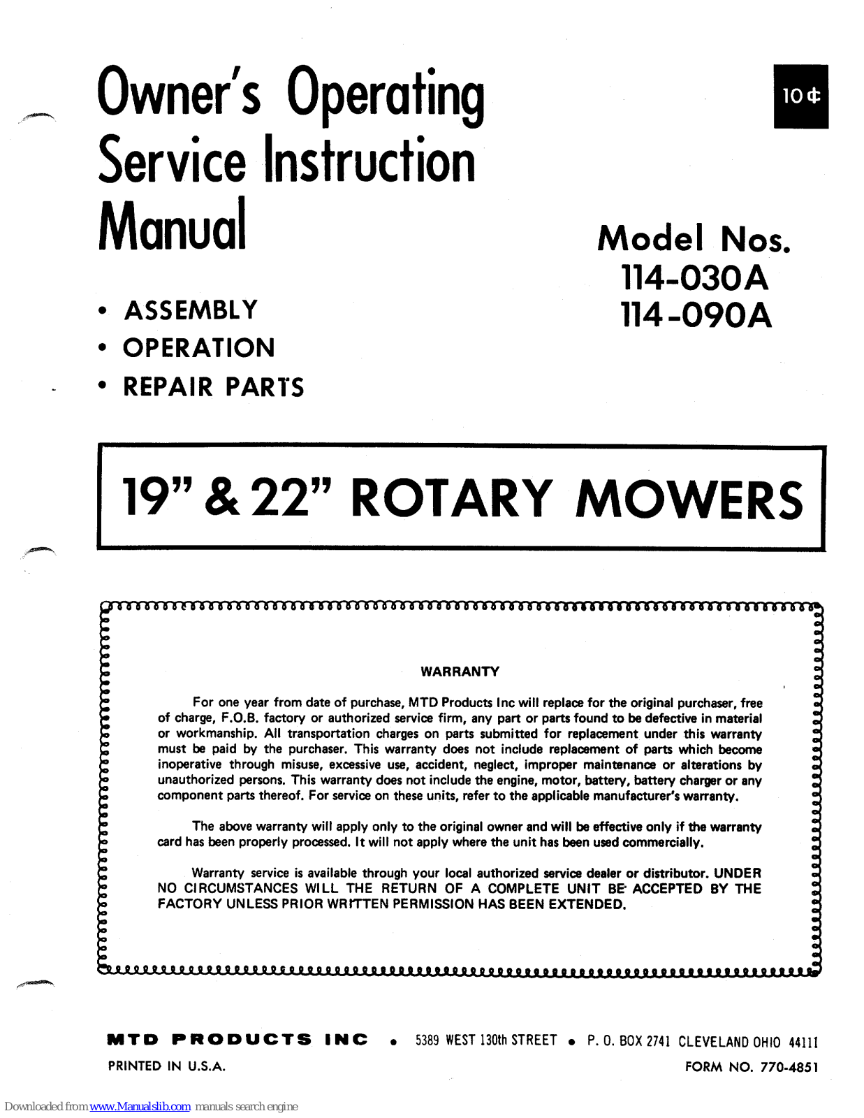 MTD 114-030A, 114-090A Owner's Operating Service Instruction Manual