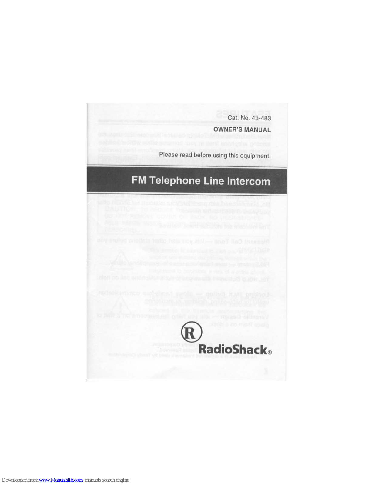 Radio Shack FM Telephone Line Intercom, 43-483 Owner's Manual