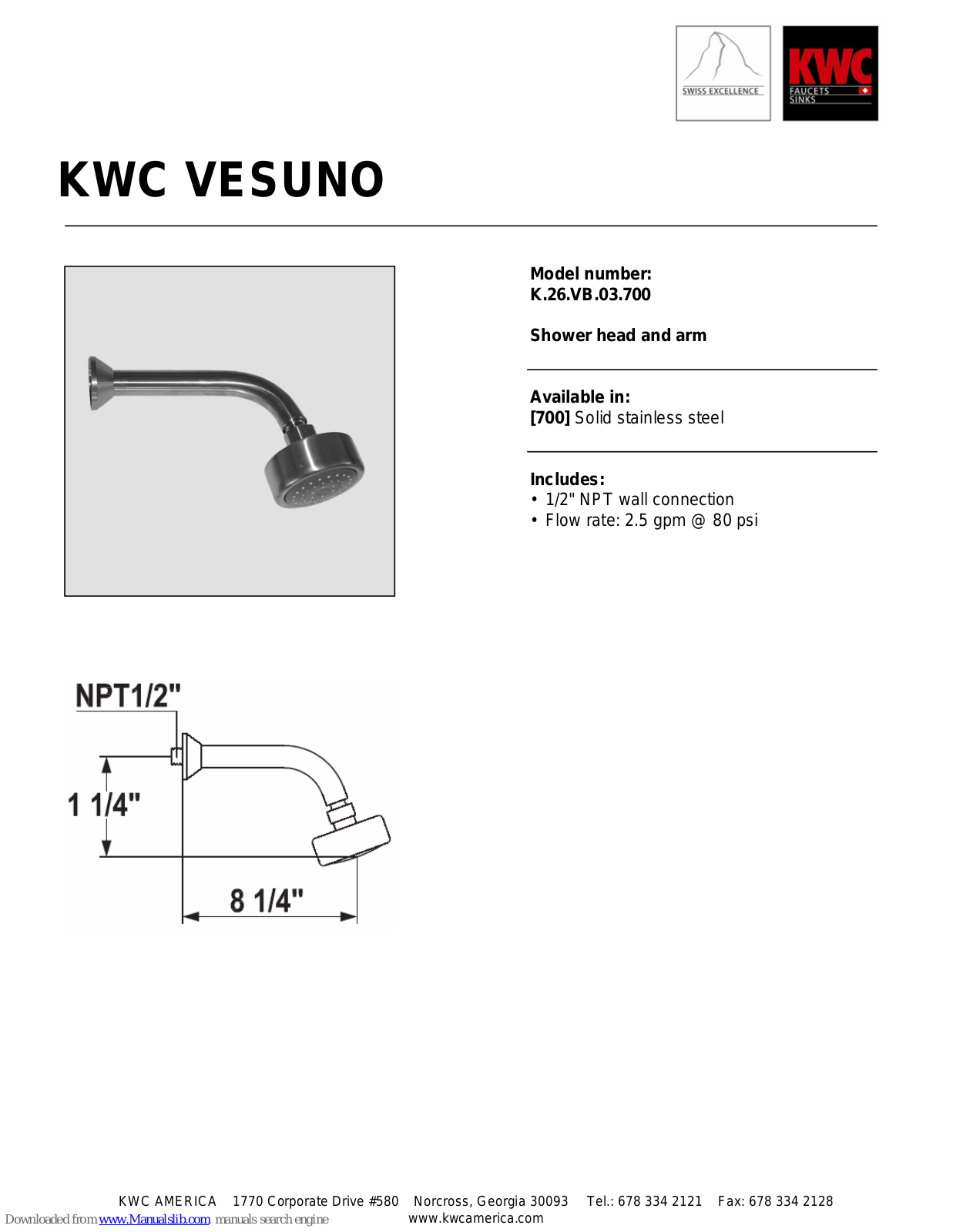 KWC VESUNO K.26.VB.03.700 Specification Sheet