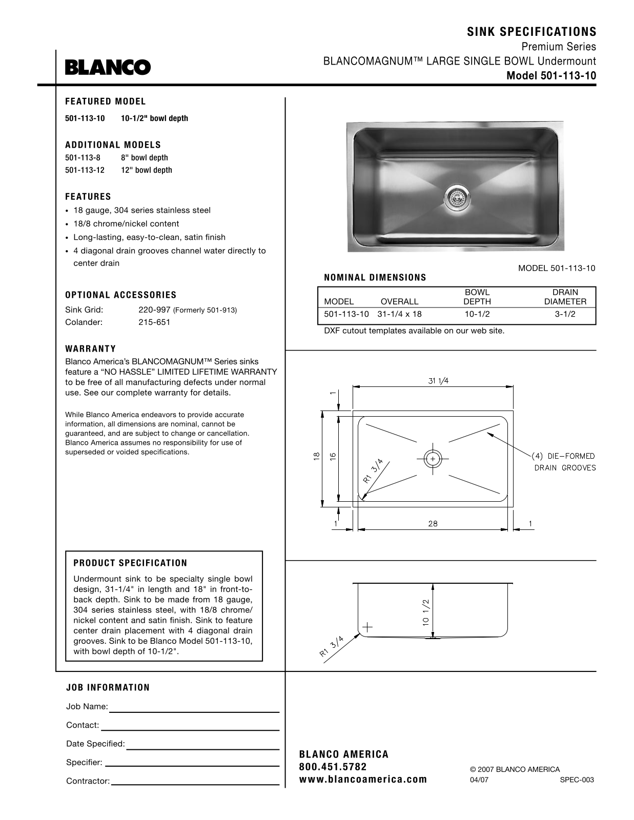 Blanco 501-113-10 User Manual