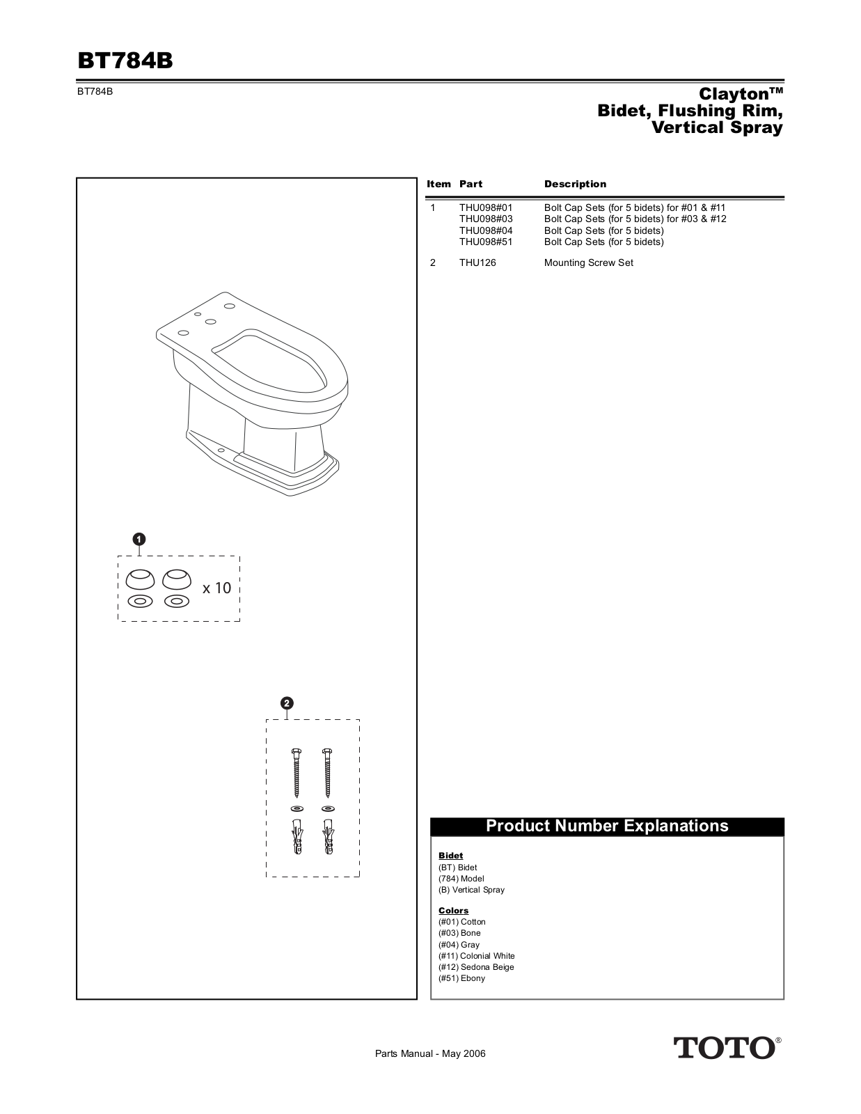 Toto BT784B01 User Manual