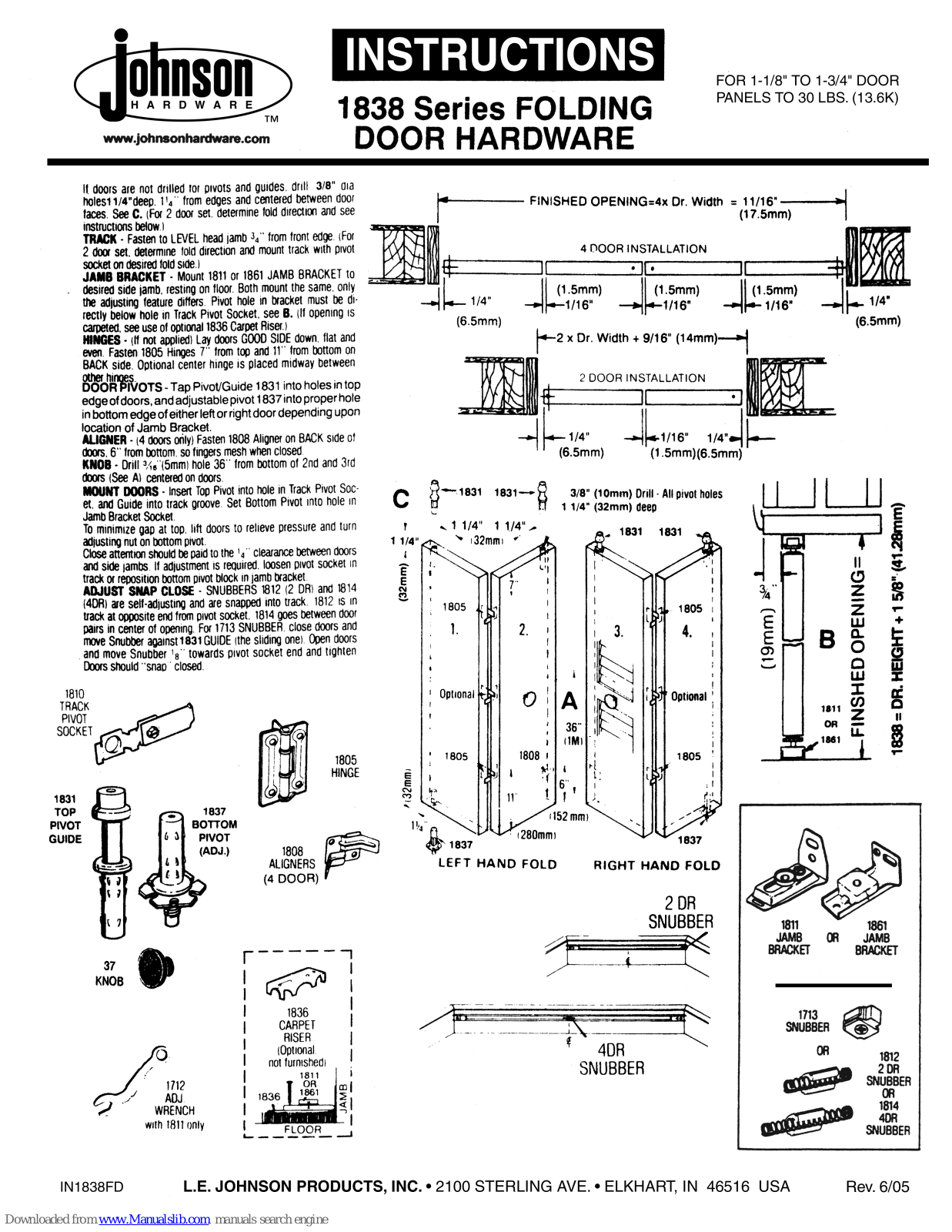 Johnson Hardware 1838 Series, IN1838FD Instruction Manual