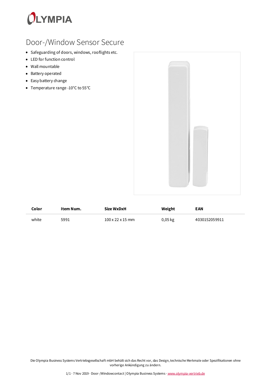 Olympia Door-Window Sensor Secure User Manual