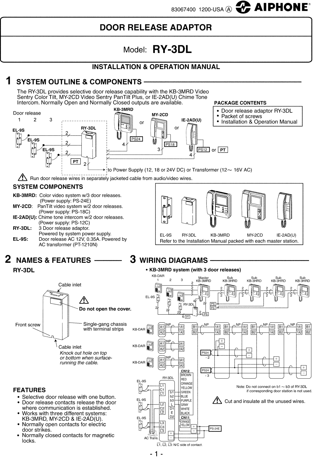 Aiphone RY-3DL INSTALLATION INSTRUCTIONS