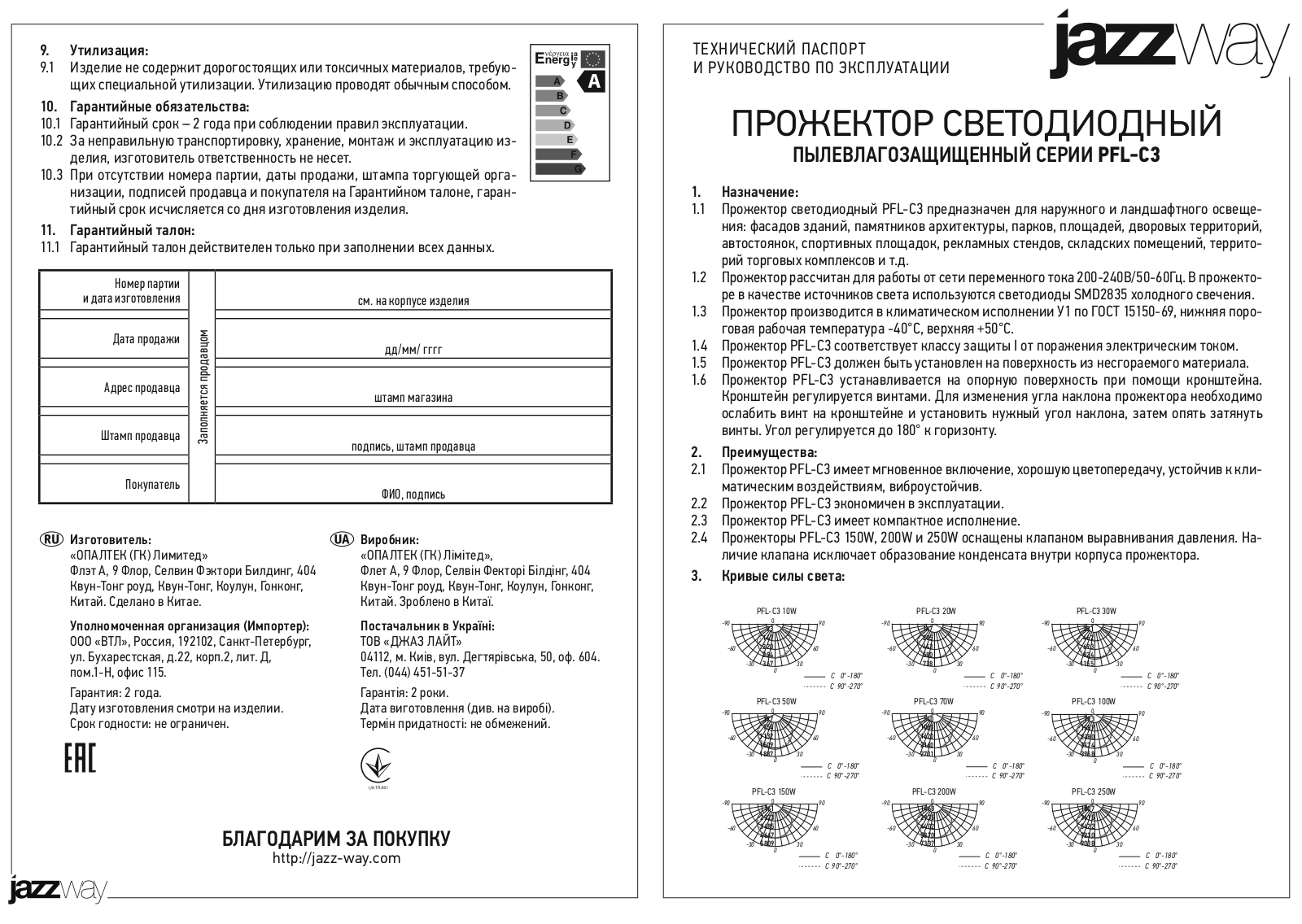 Jazzway PFL -C3 -100W, PFL -C3 -150W User manual