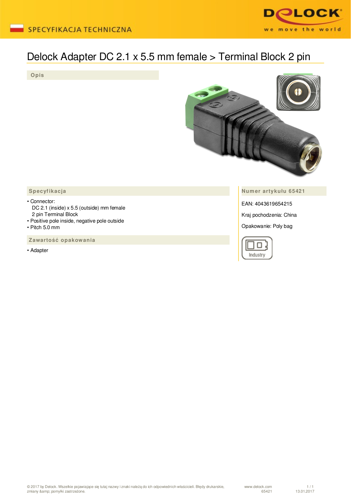 DeLOCK Terminalblock adapter, 2-Pin on 2.1-5.5mm hollow socket User Manual