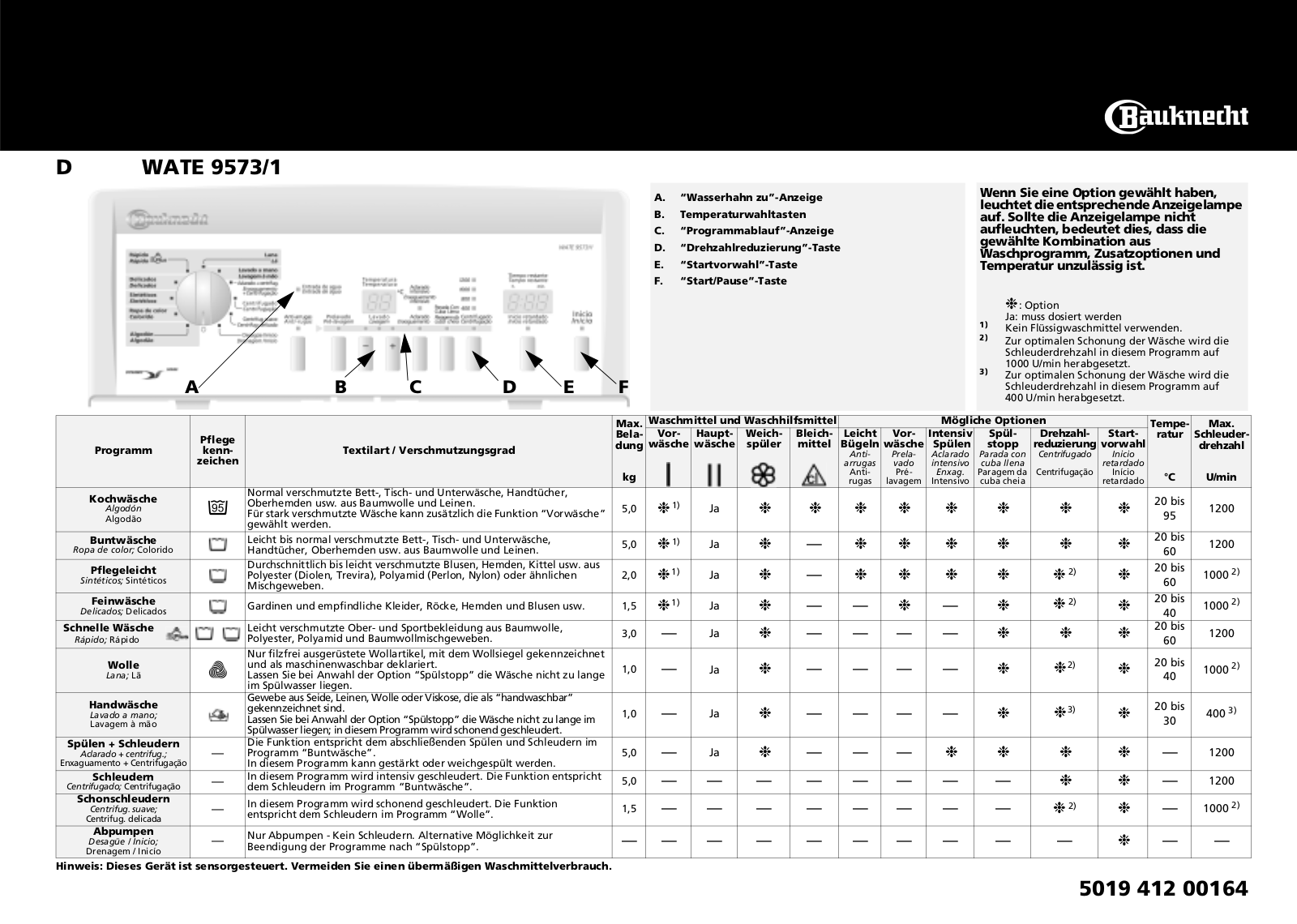 Whirlpool WATE 9573/1 PROGRAM CHART