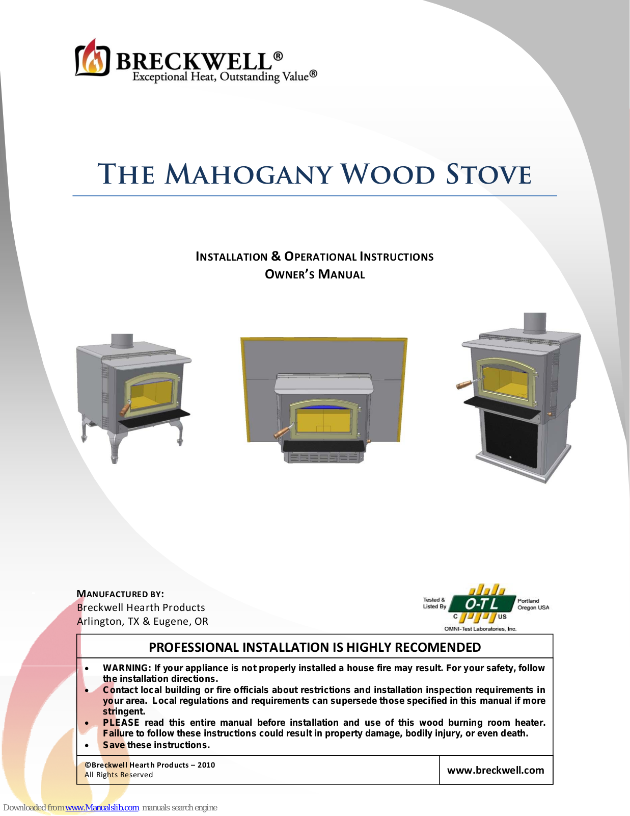 Breckwell The Mahogany Wood Stove, W3100, Mahogany W3100I User Manual