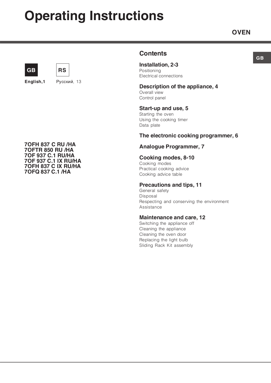 Hotpoint-ariston FTR 850 OW User Manual