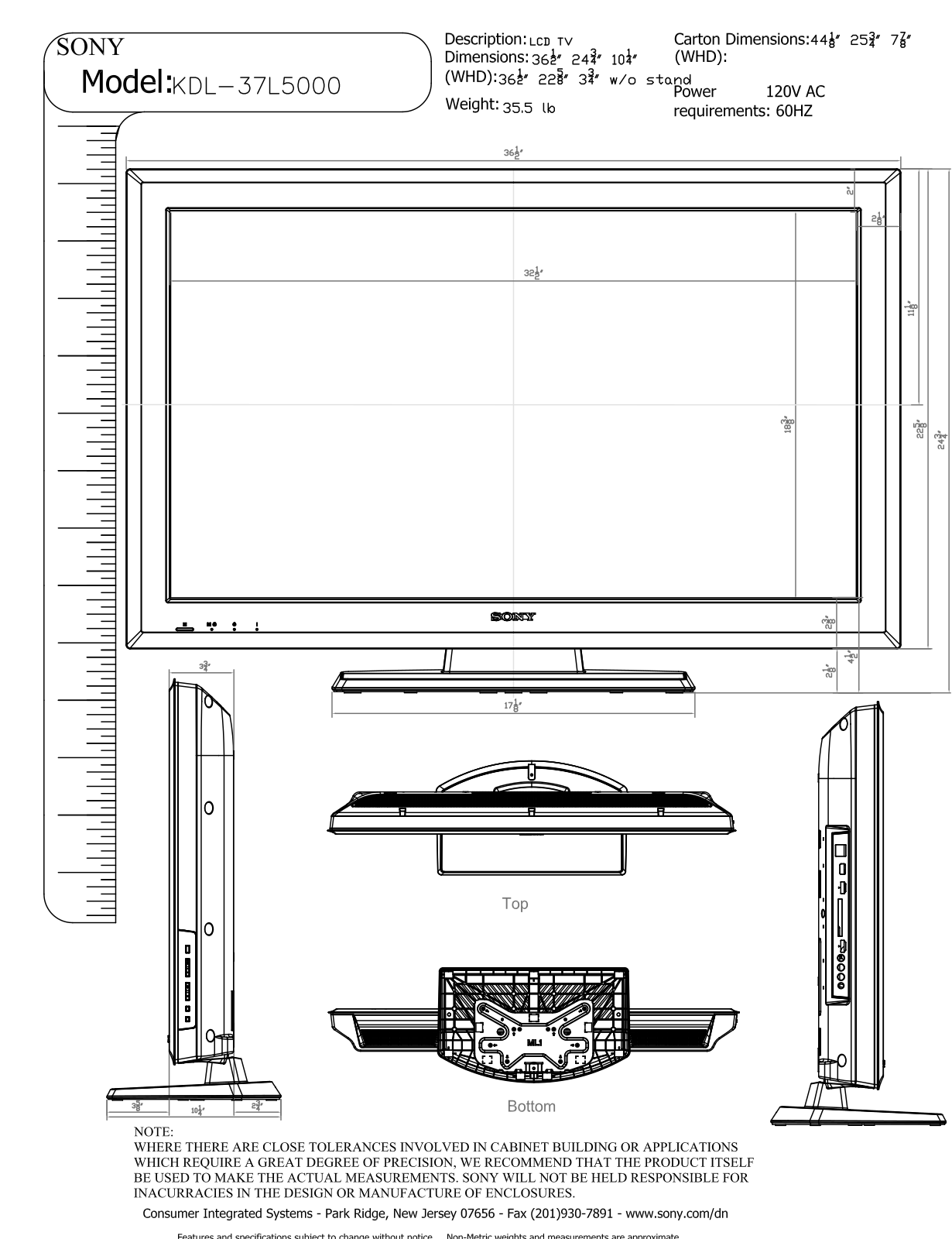 Sony KDL-37L5000 Dimensions Diagram