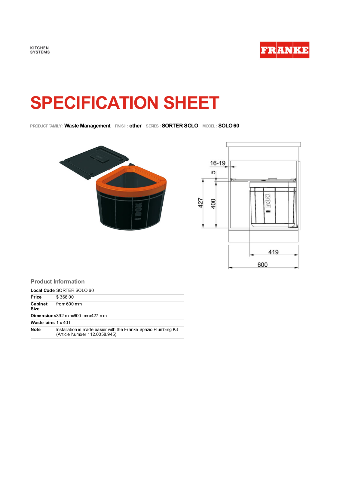 Franke SOLO60 Specifications Sheet