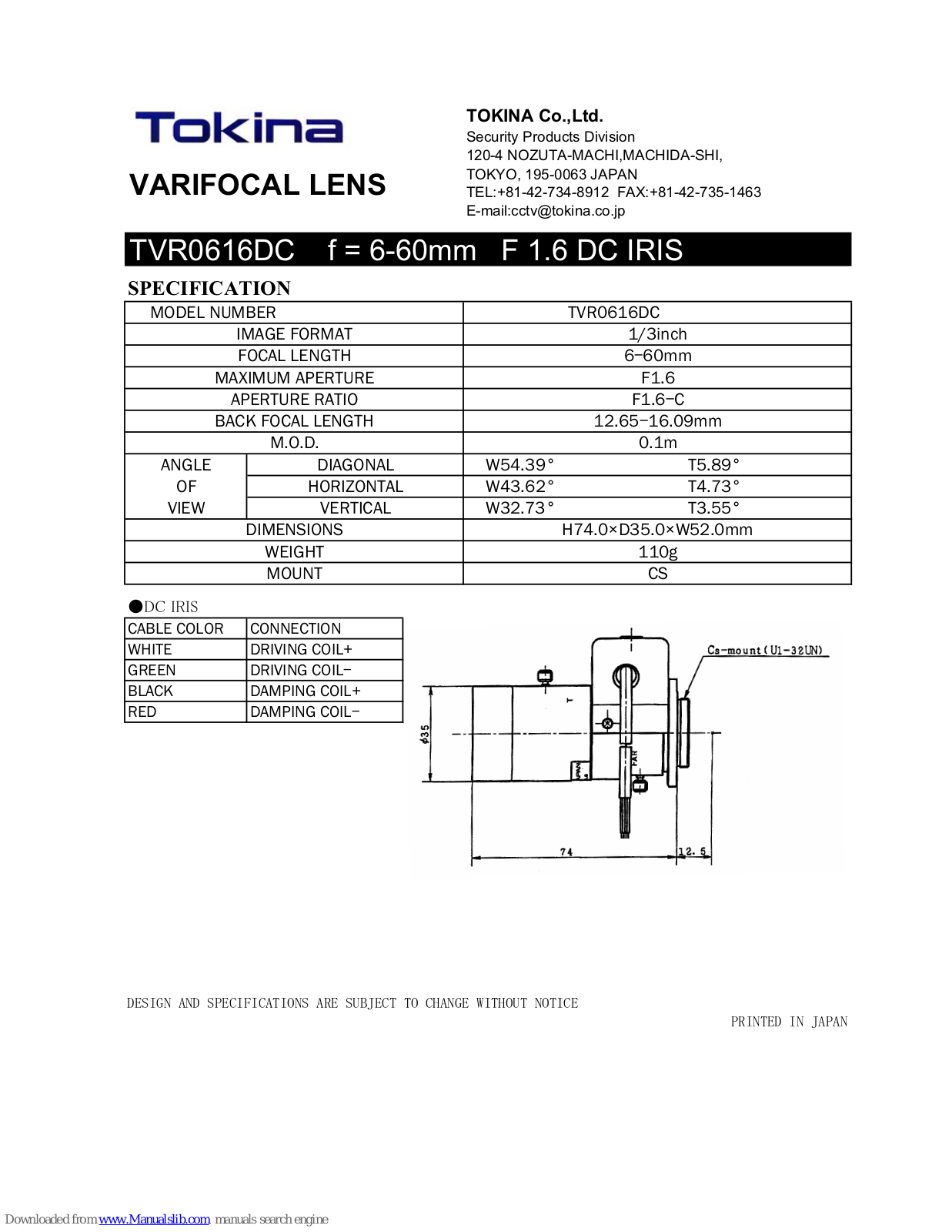 Tokina VARIFOCAL LENS TVR0616DC Specification