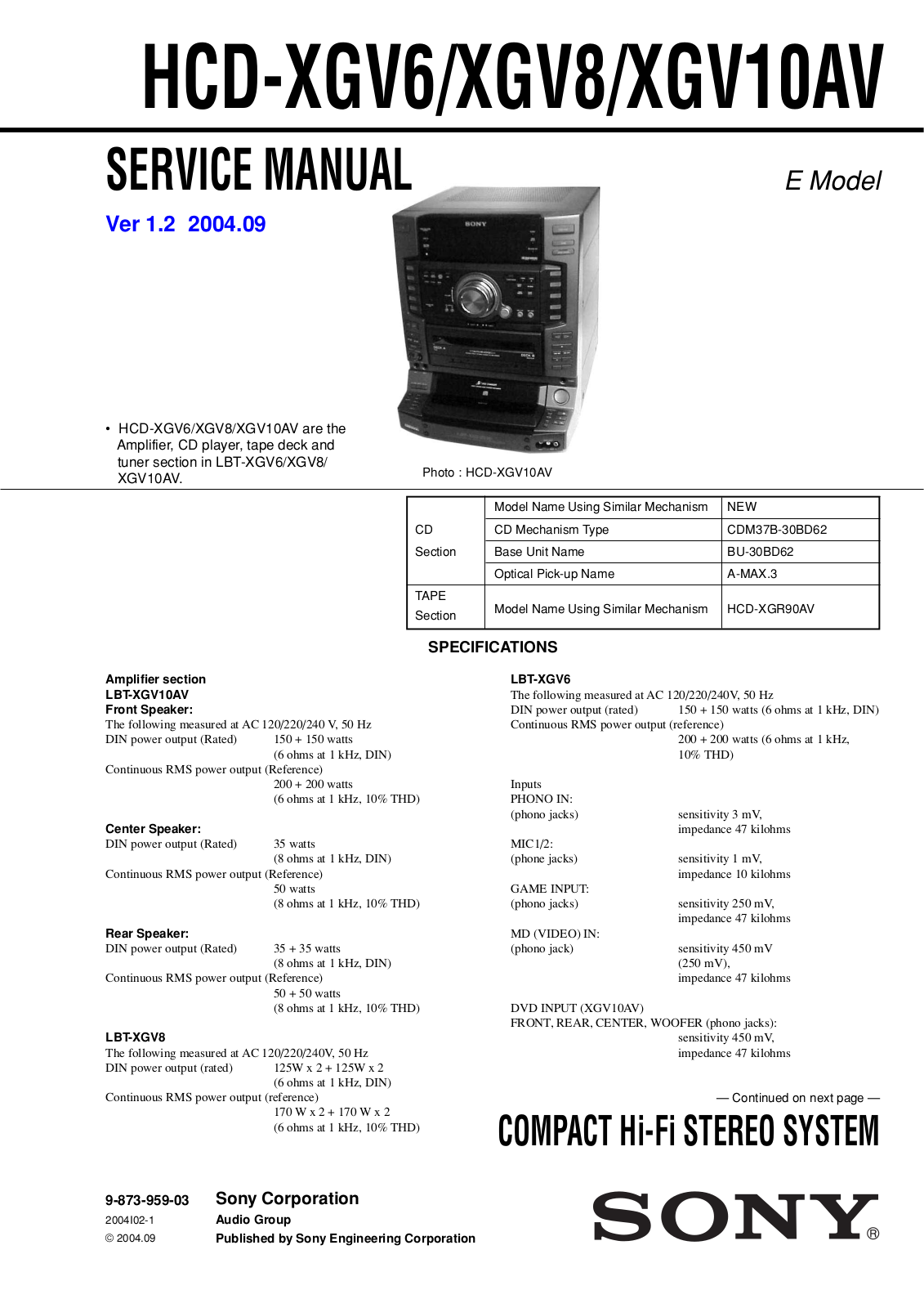 SONY HCD XGV6, HCD XGV8, HCD XGV10AV Service Manual