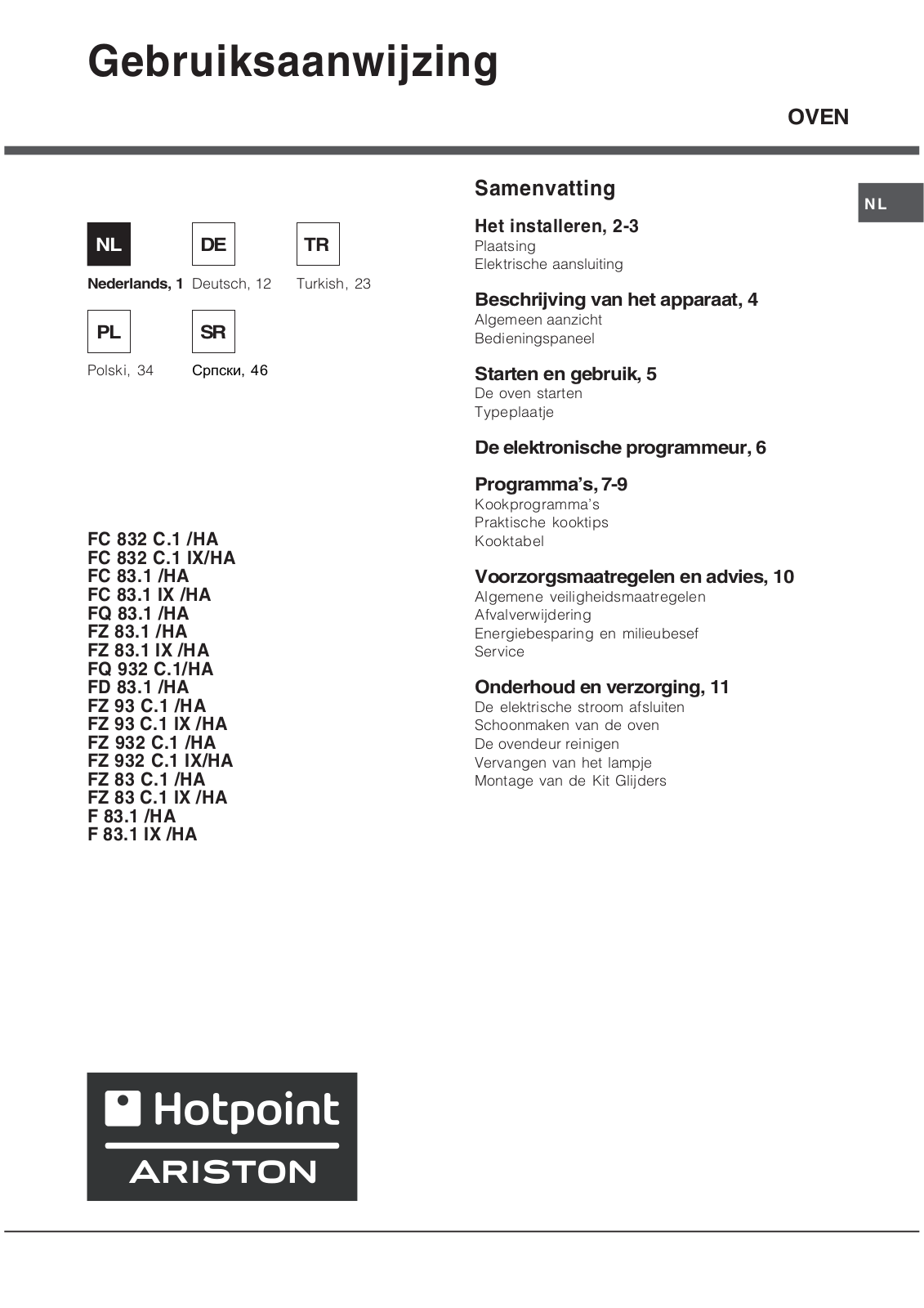 Hotpoint Ariston F 83.1 IX/HA, FZ 83 C.1 IX/HA User Manual