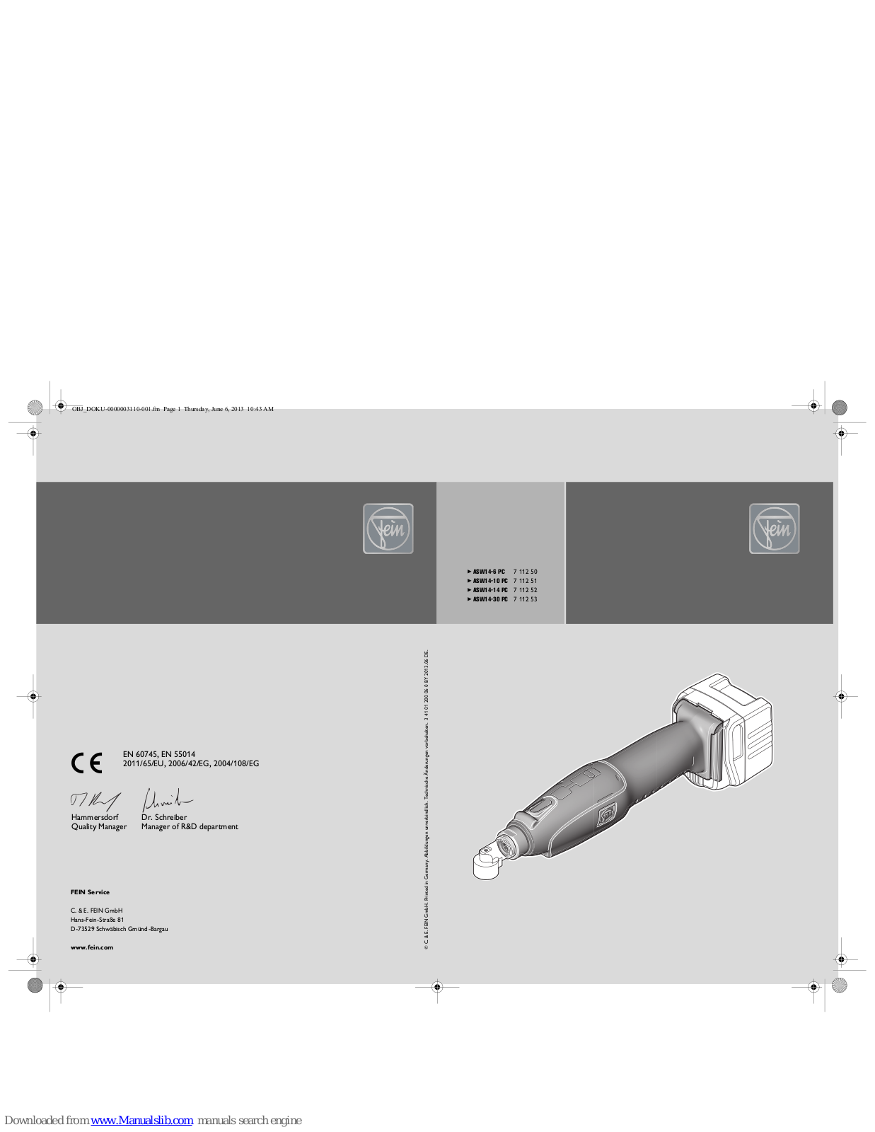 Fein ASW14-6 PC, ASW14-10 PC, ASW14-14 PC, ASW14-30 PC Original Instructions Manual