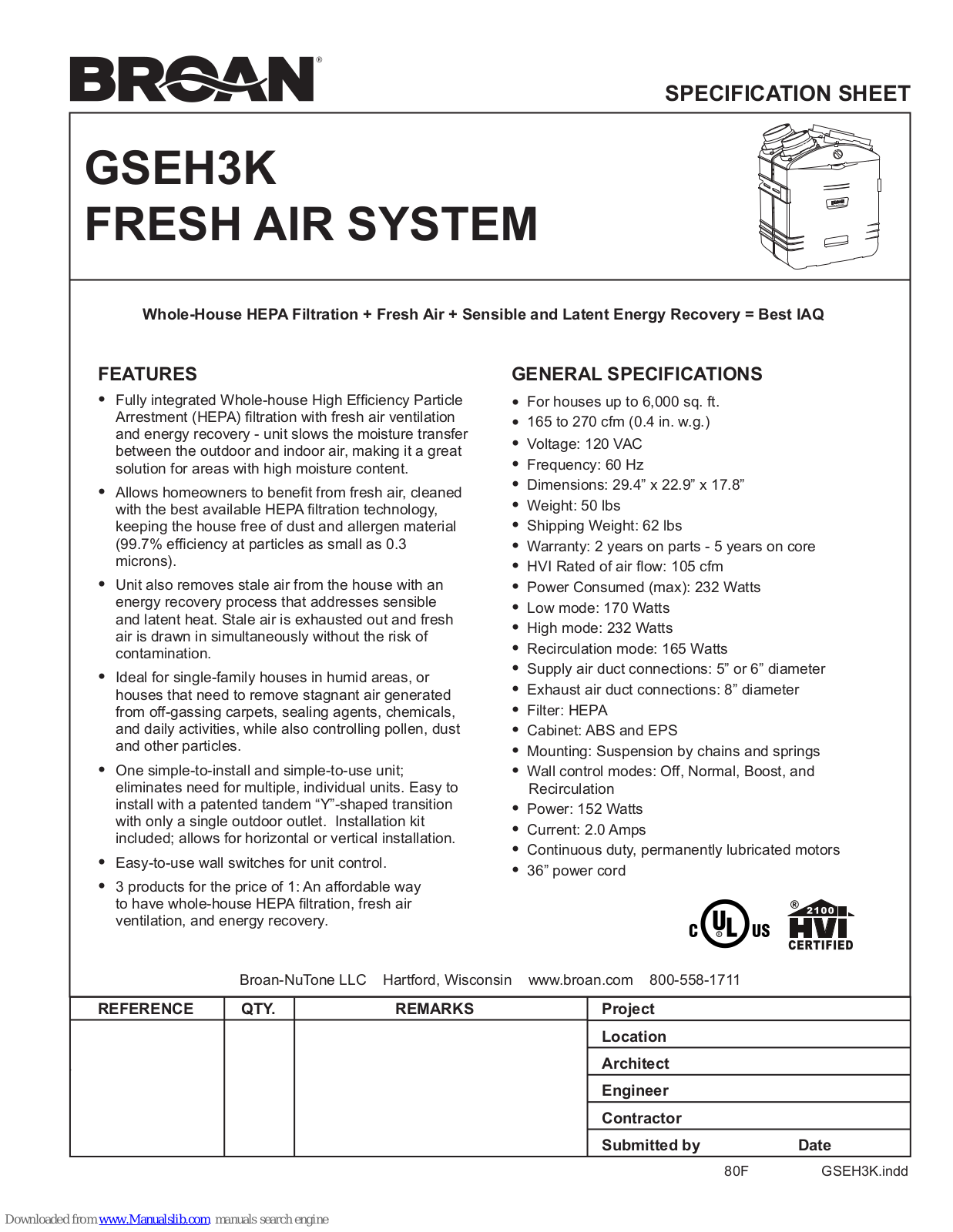 NuTone GSEH3K Specification Sheet