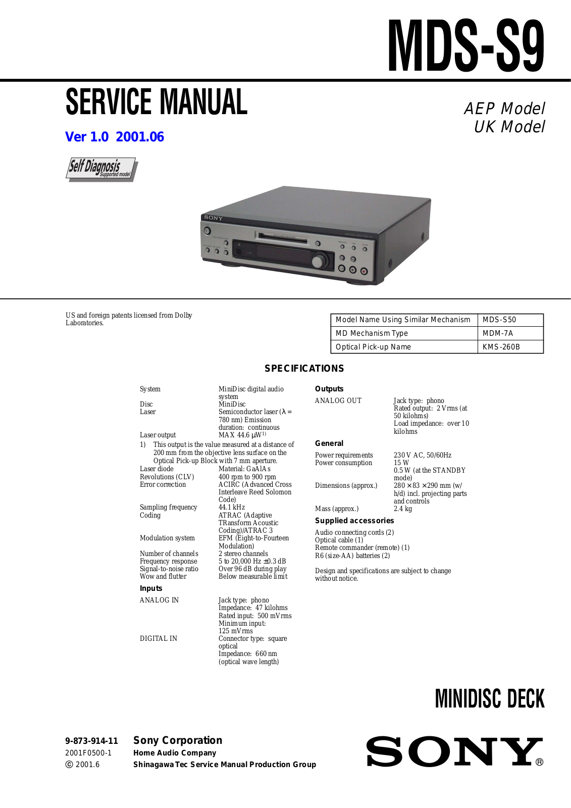 Sony MDSS-9 Service manual