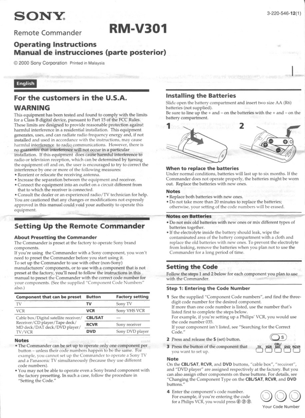 SONY RM-V301 User Manual