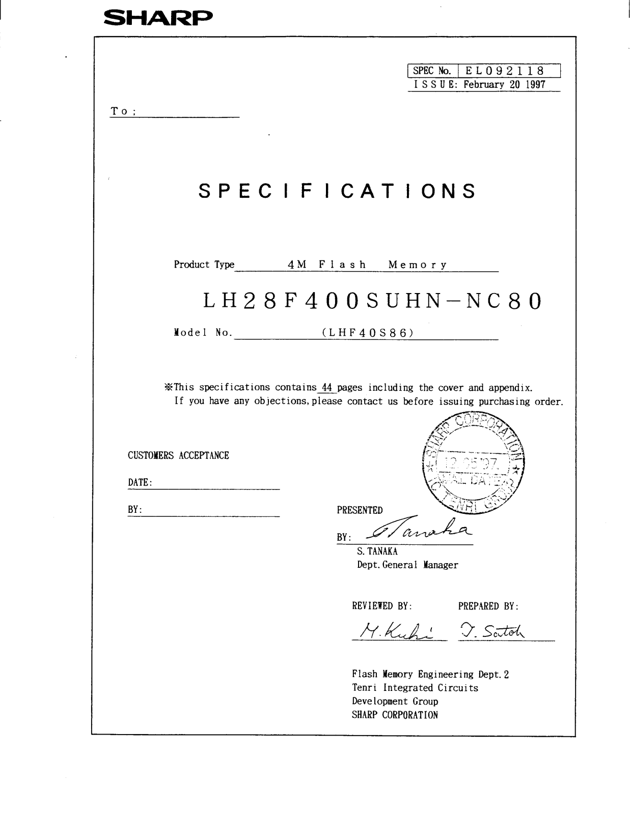 Sharp LH28F400SUHN-NC80 Datasheet