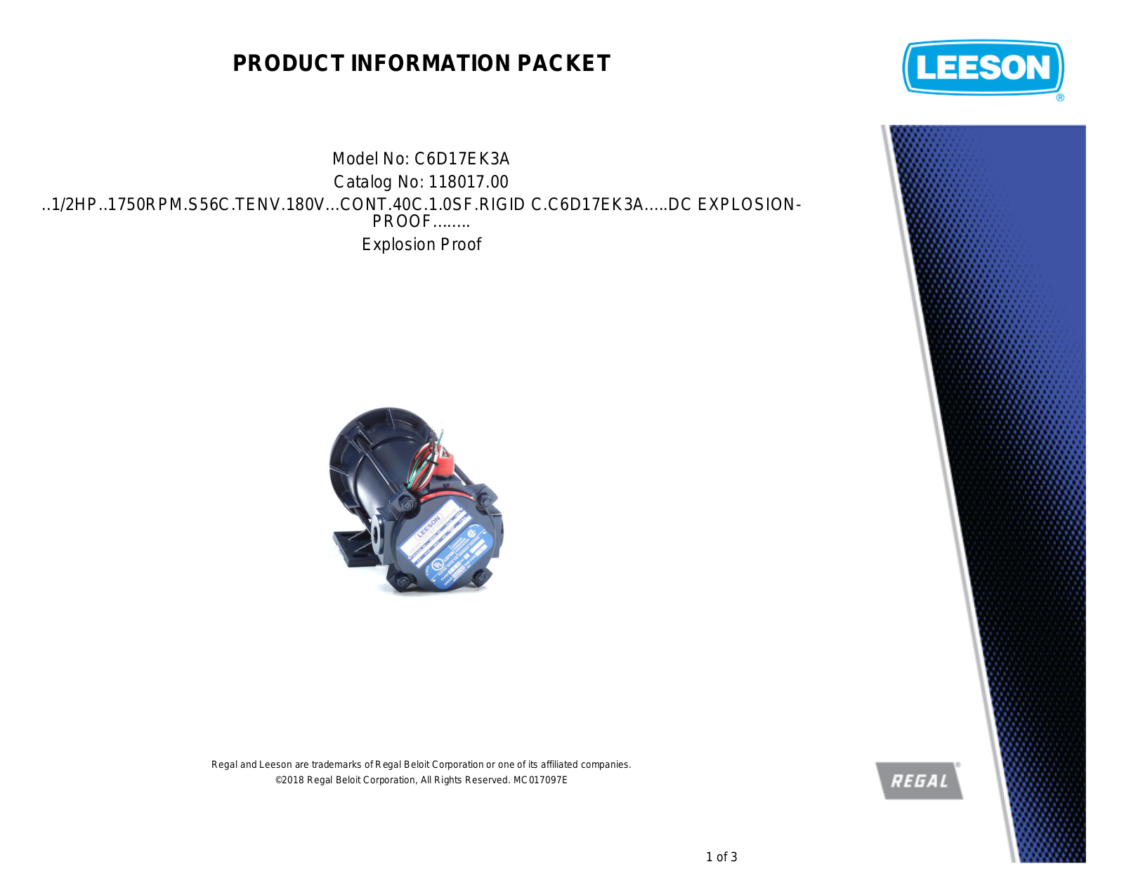 Leeson 118017.00 Product Information Packet