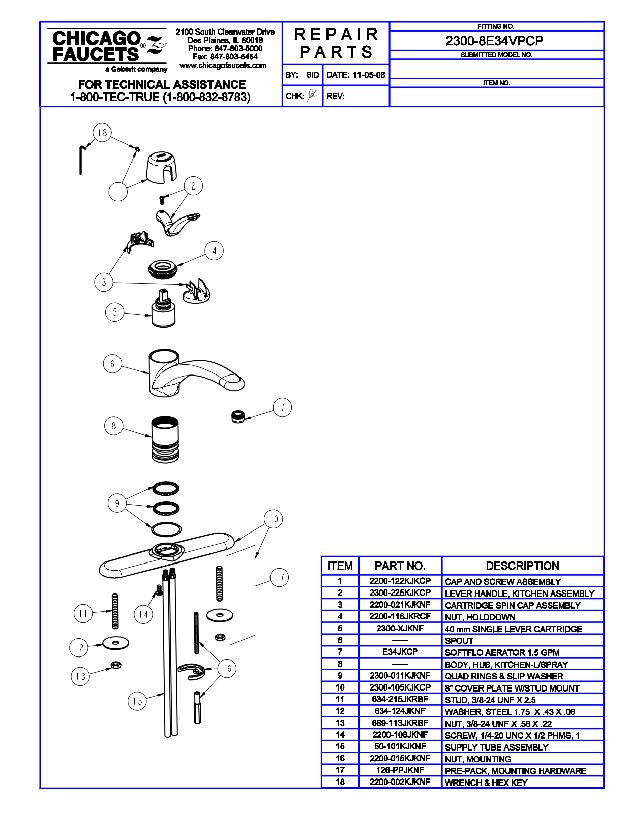 Chicago Faucet 2300-8E34VPCP Parts List