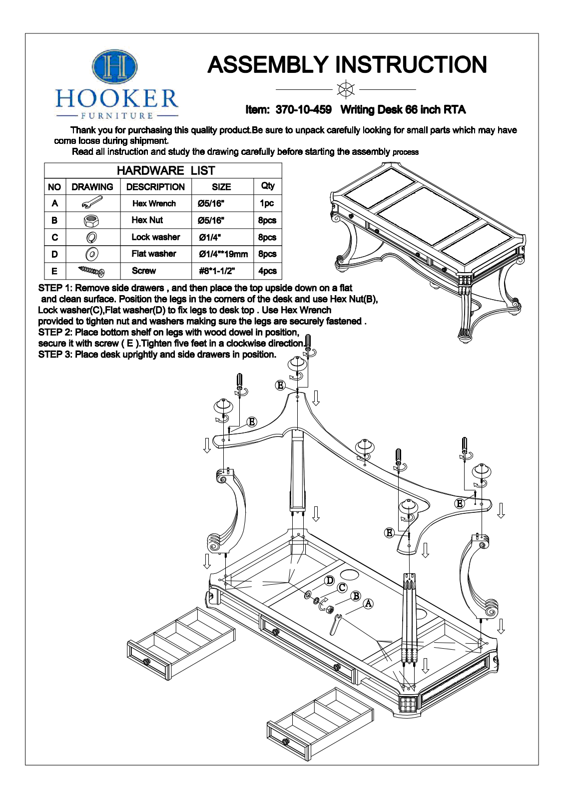 Hooker Furniture 37010459 Assembly Guide