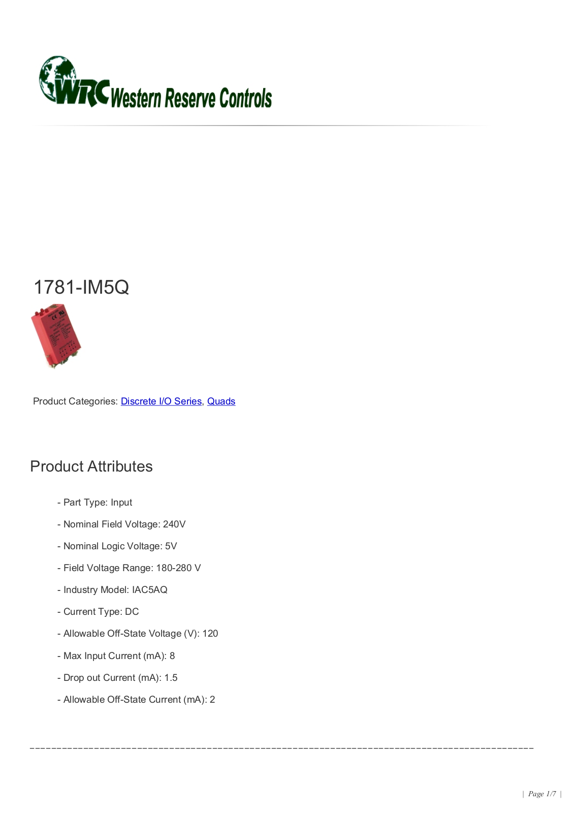 Western Reserve Controls 1781-IM5Q Data Sheet