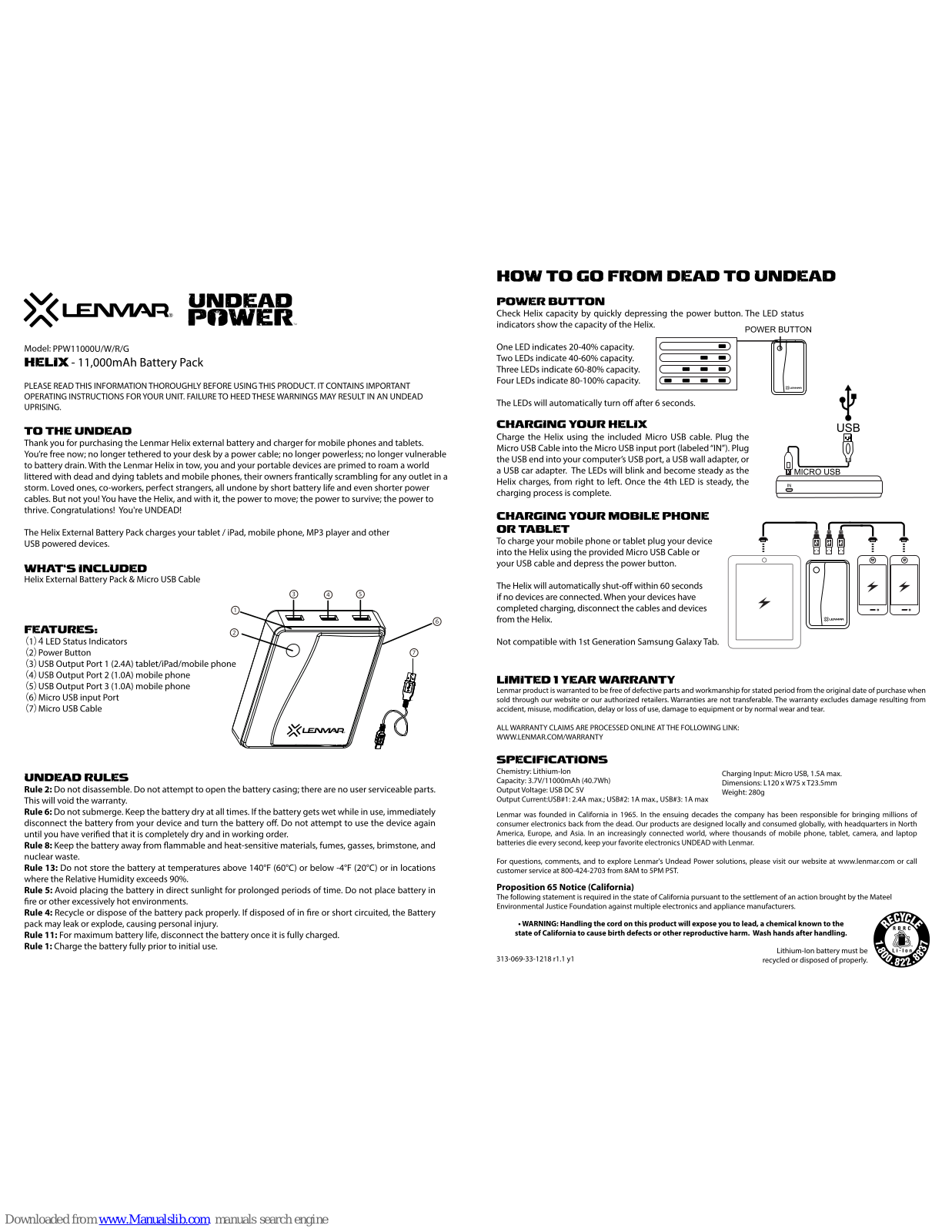 Lenmar Helix PPW11000U, Helix PPW11000W, Helix PPW11000R, Helix PPW11000G User Instruction