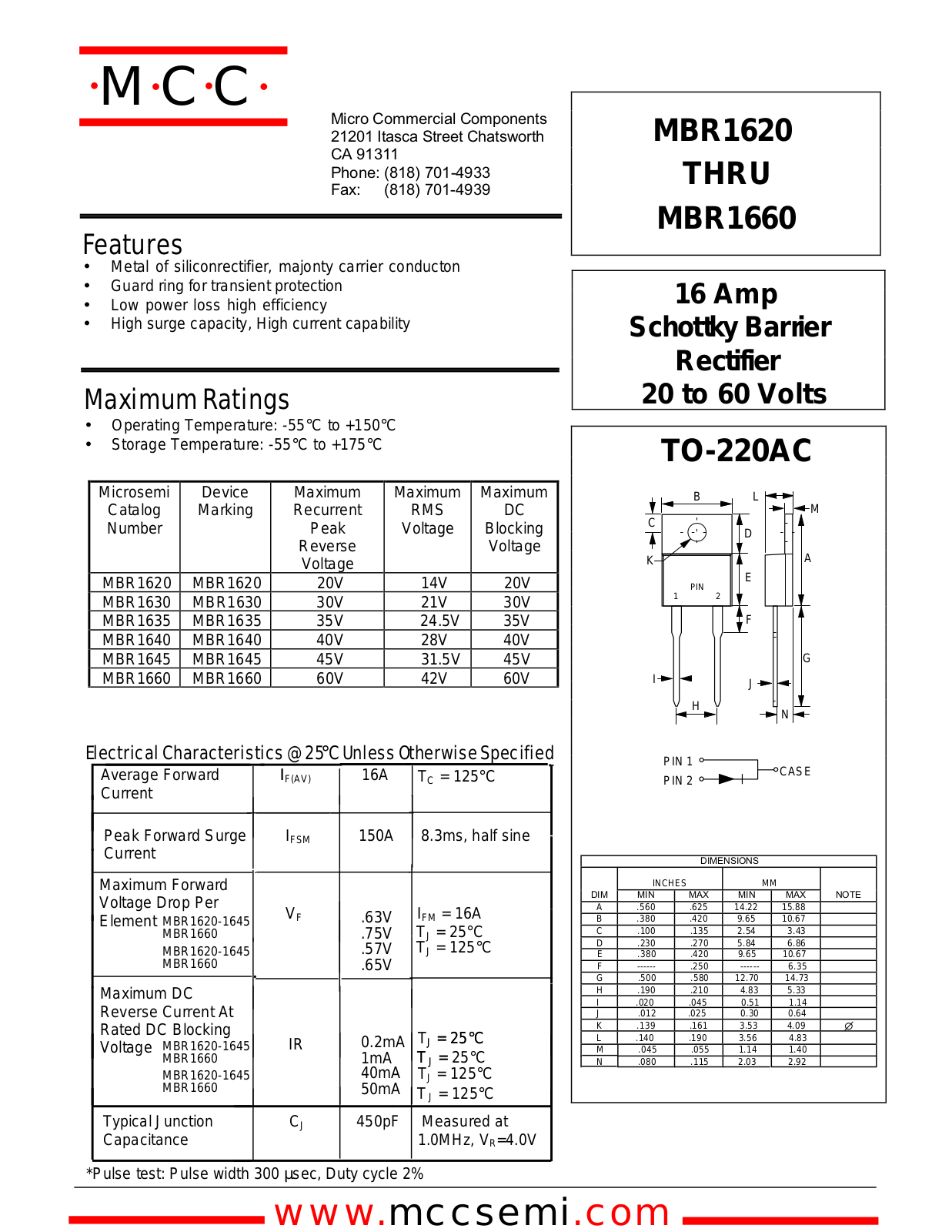 MCC MBR1630, MBR1645, MBR1640, MBR1660 Datasheet