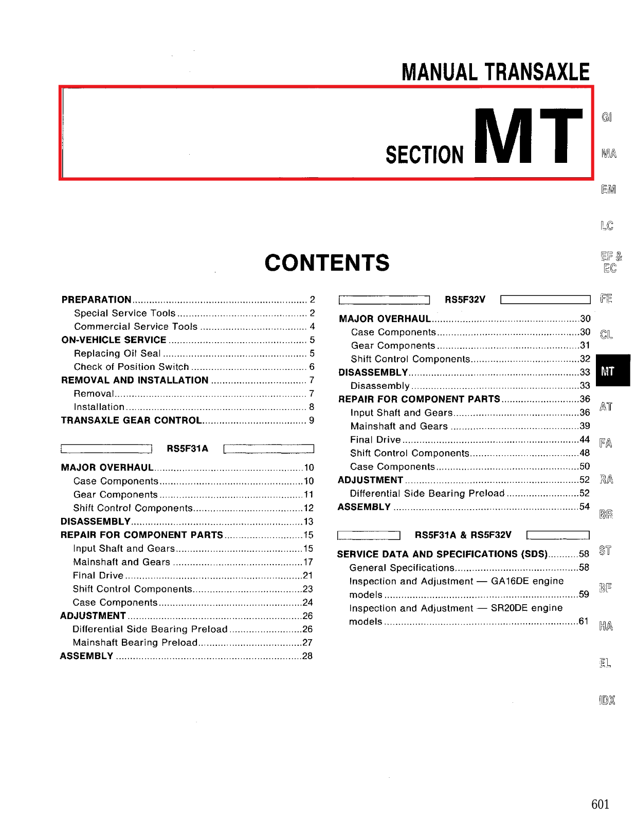 Nissan Sentra Transaxle  MT 1994 Owner's Manual