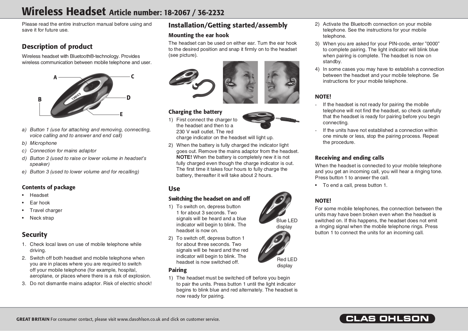 Clas Ohlson 18-2067, 36-2232 Instruction Manual