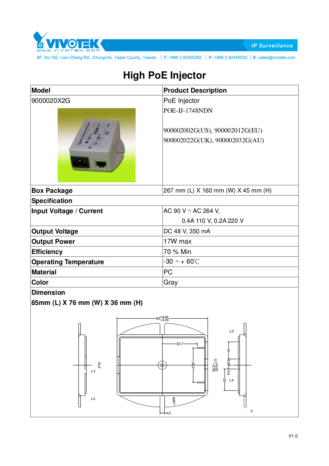 Vivotek POE-IJ-1748NDN Specsheet