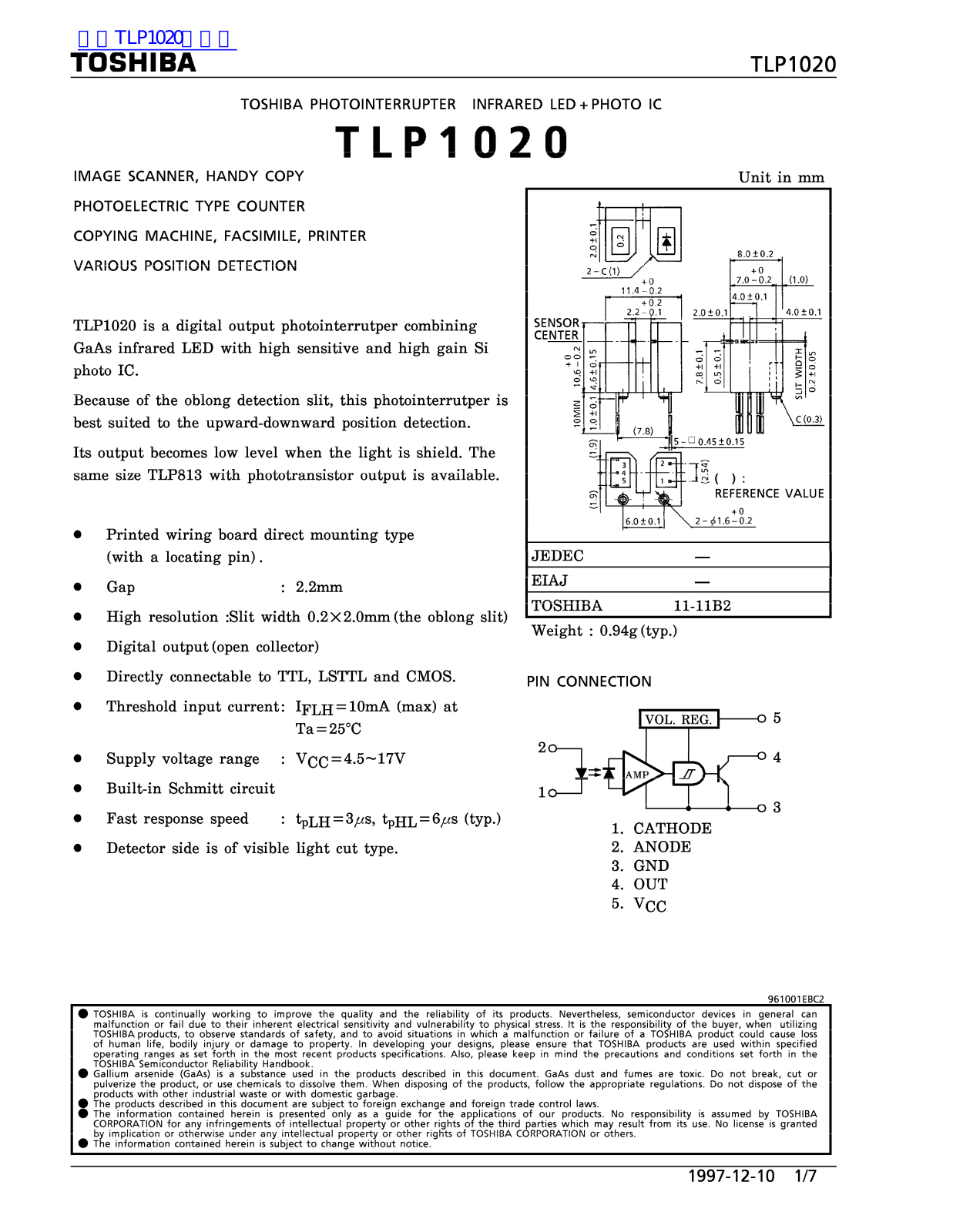 TOSHIBA TLP1020 Technical data