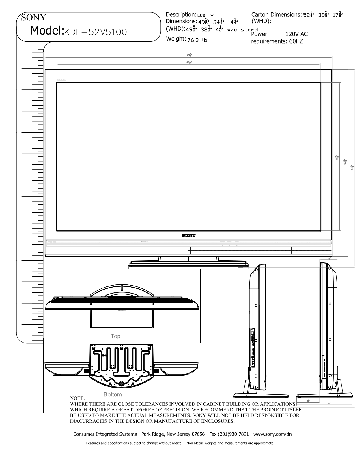 Sony KDL-52V5100 Dimensions Diagram