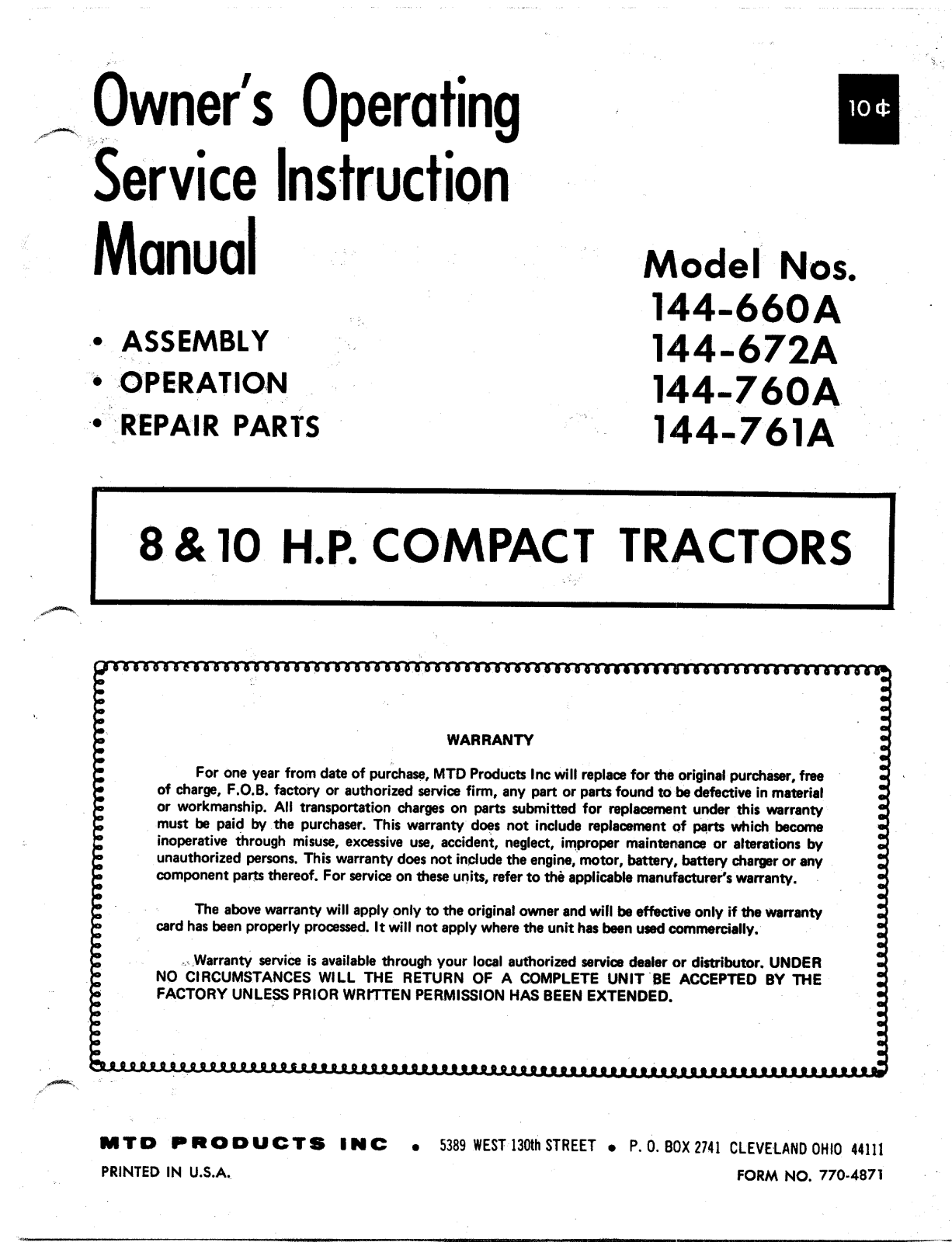 MTD 144-760A, 144-761A, 144-672A, 144-760 User Manual